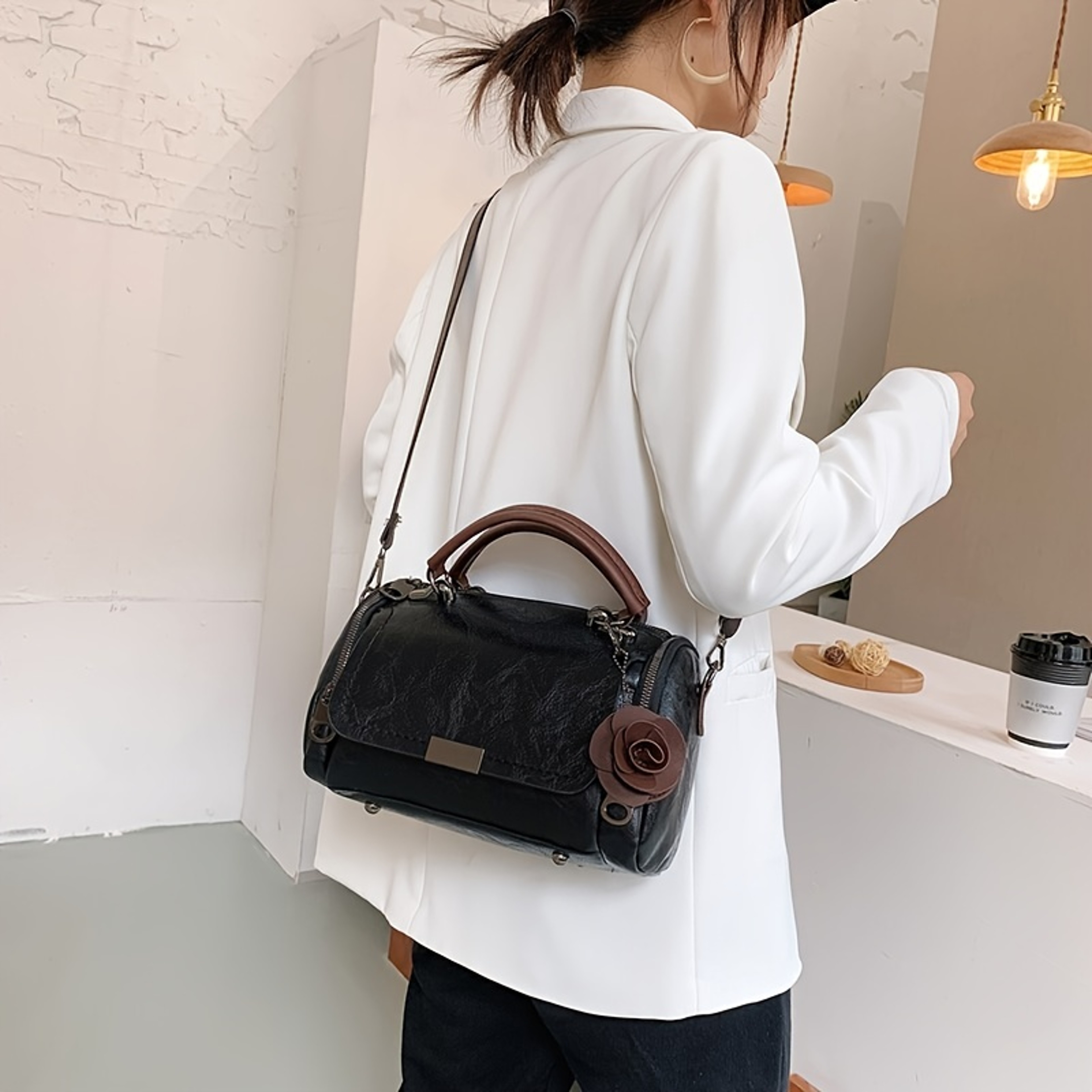Vintage Boston Handbag Large Capacity PU Leather Satchel With Flower Pendant 5