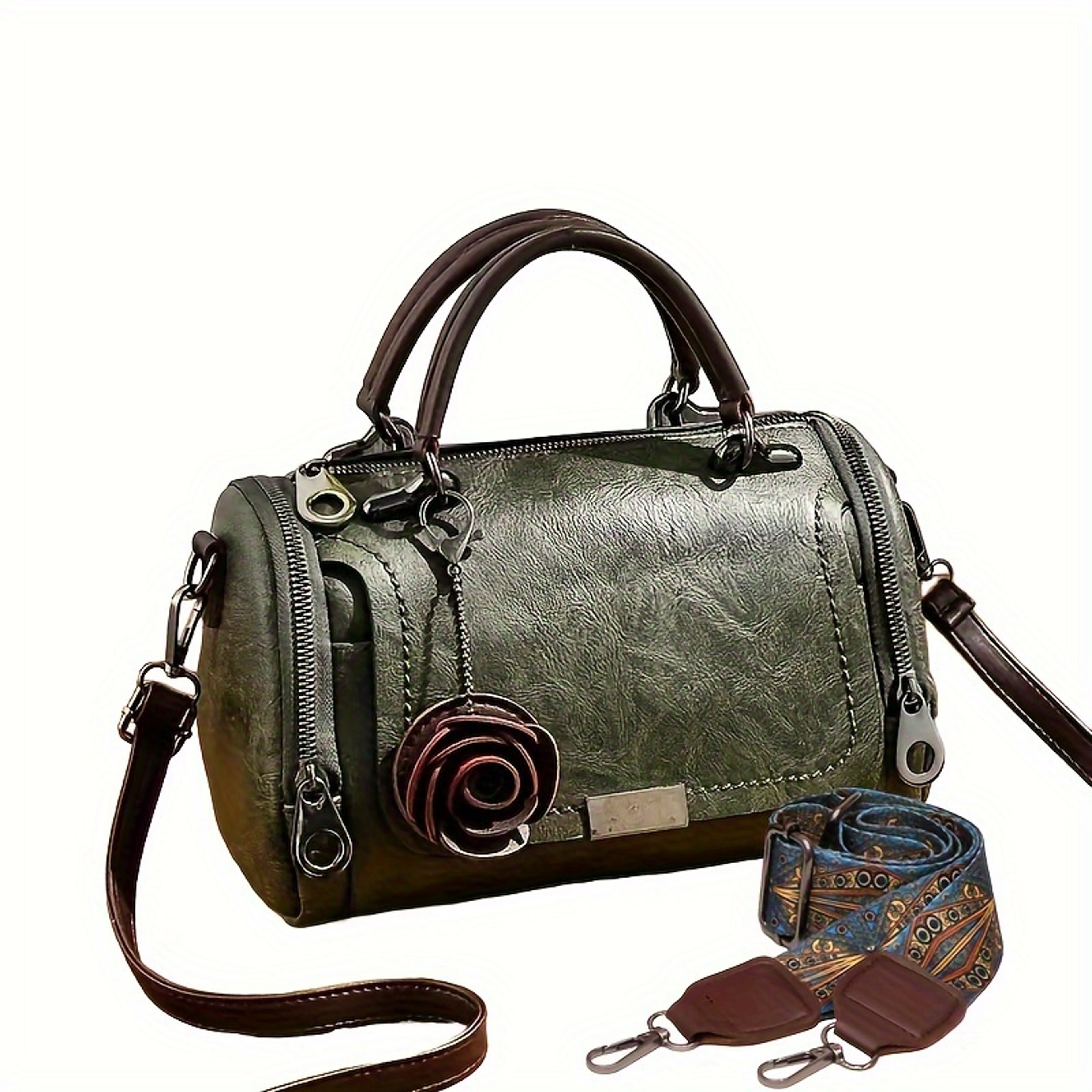 Vintage Boston Handbag Large Capacity PU Leather Satchel With Flower Pendant 7