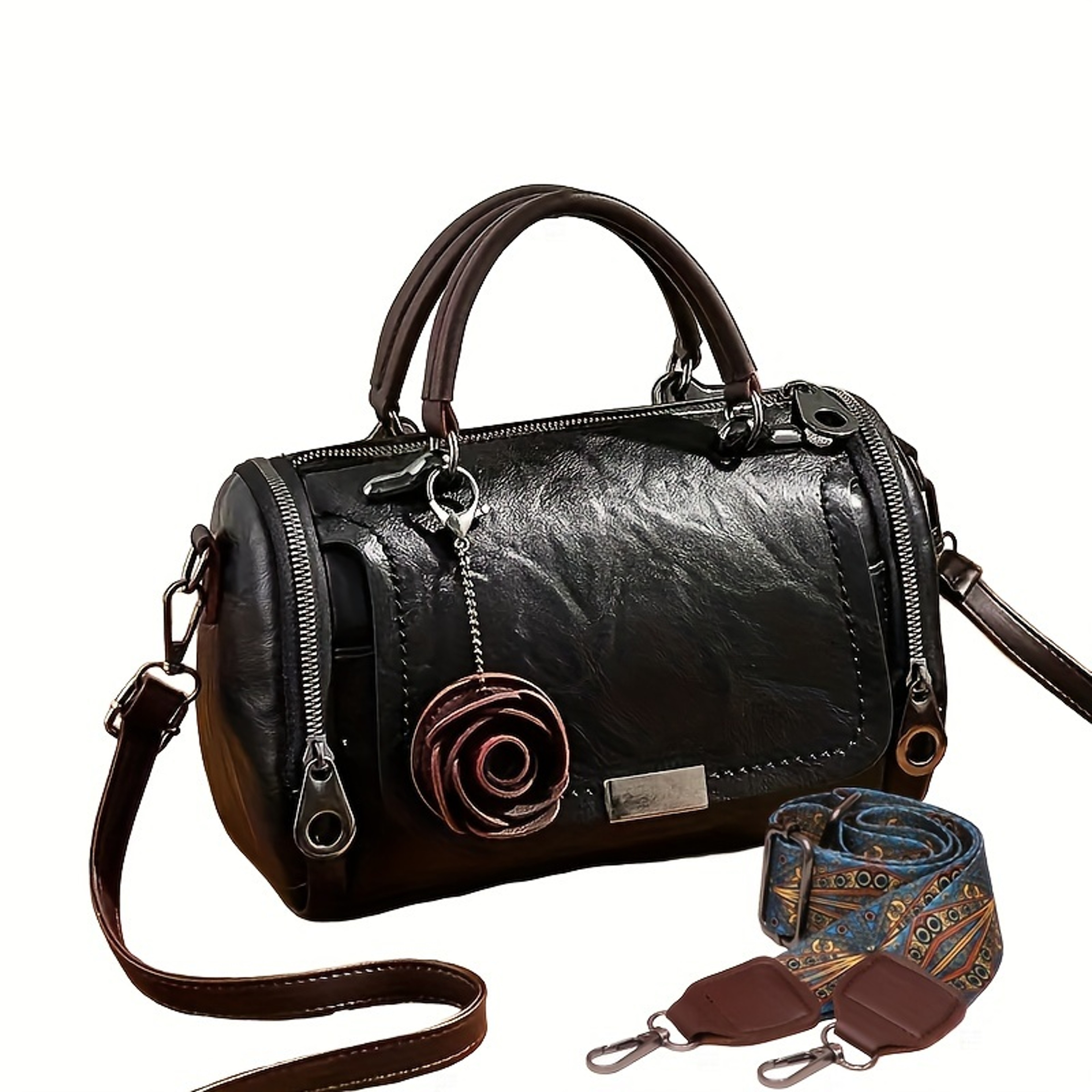 Vintage Boston Handbag Large Capacity PU Leather Satchel With Flower Pendant 8
