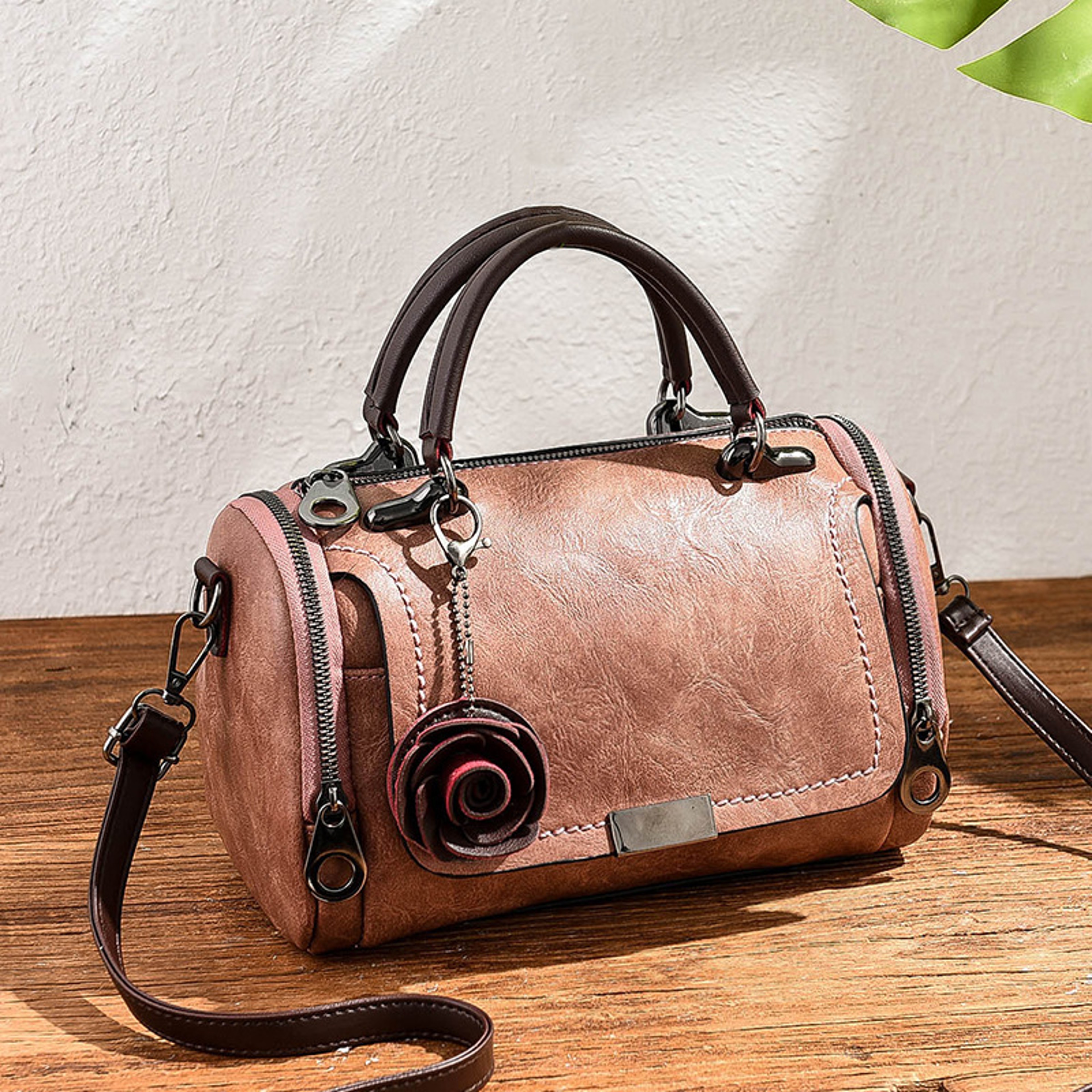 Vintage Boston Handbag Large Capacity PU Leather Satchel With Flower Pendant 9