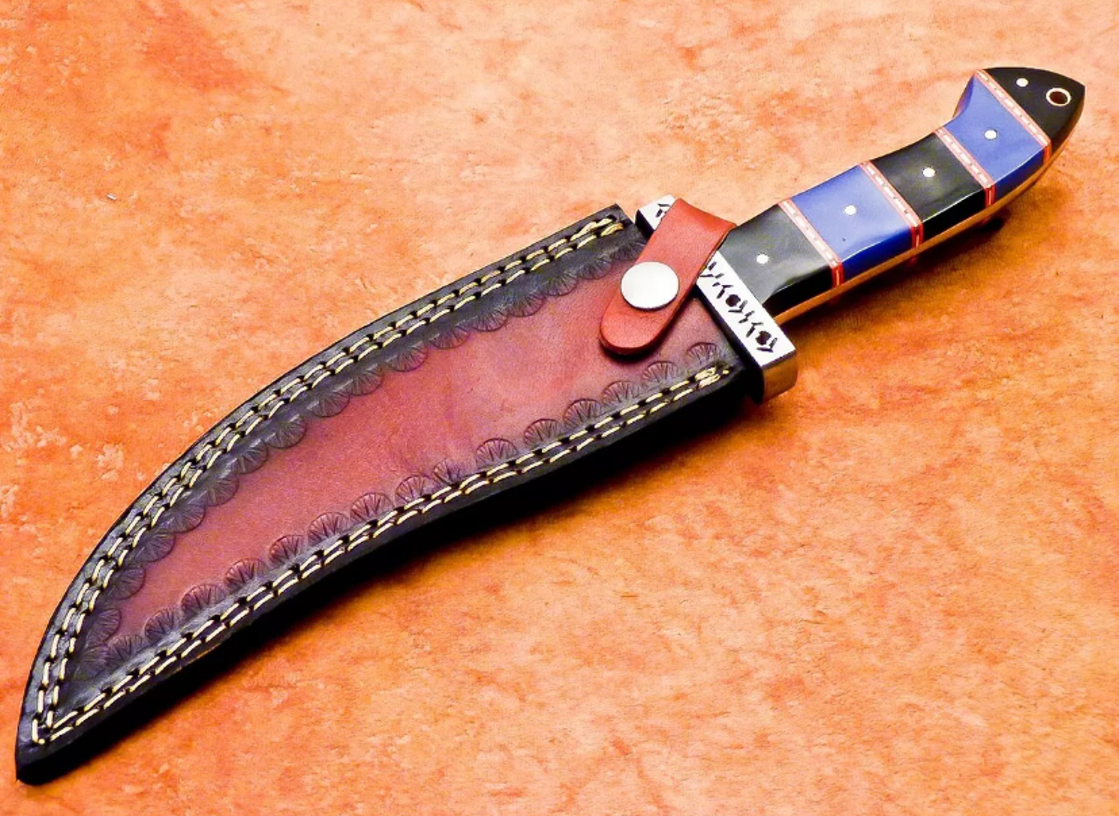 UNIQUE CUSTOM HAND FORGED D2 STEEL BLADE BOWIE HUNTING KNIFE, CAMEL BONE, WITH LEATHER SHEATH – view 9