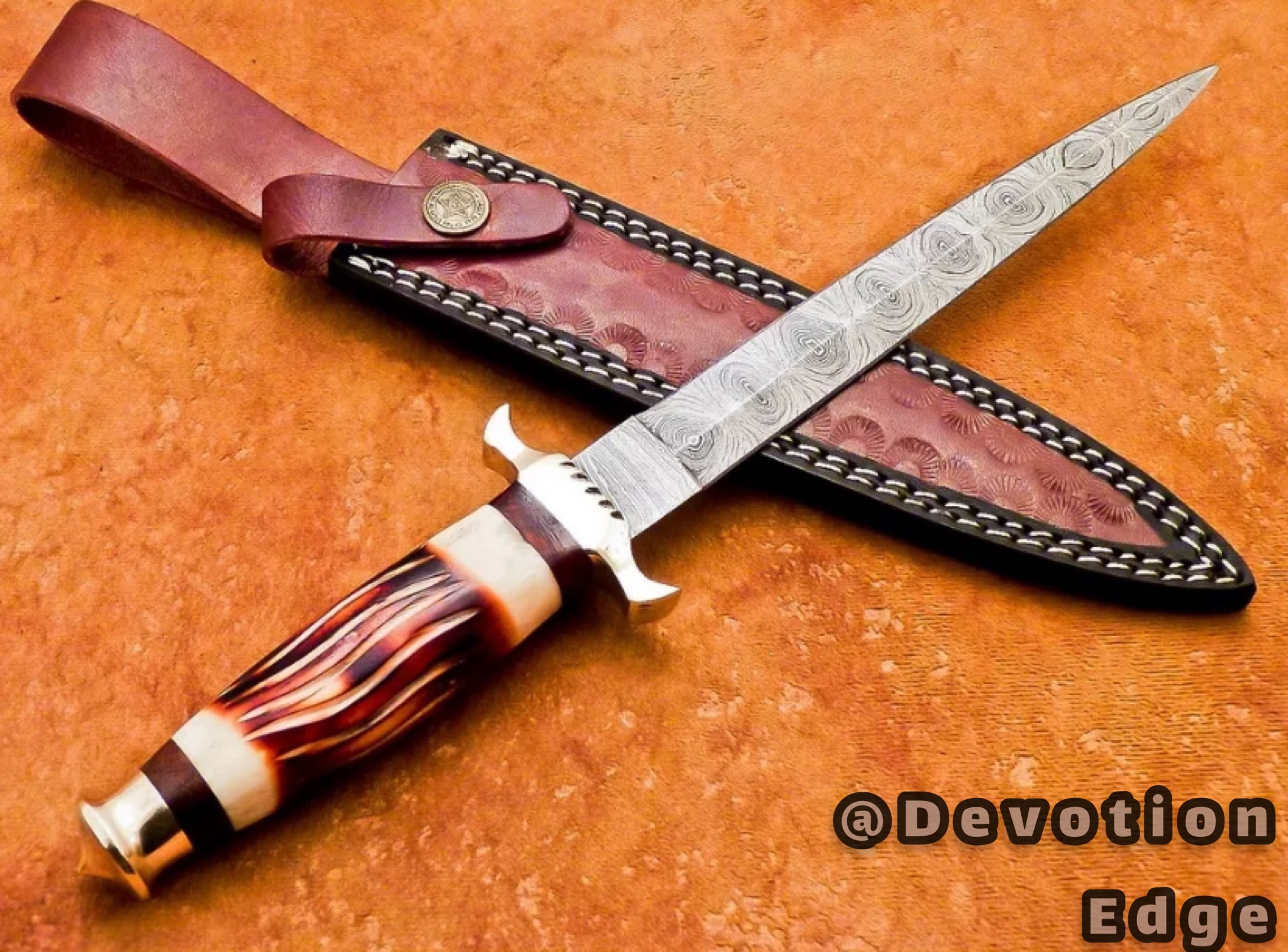 HAND FORGED DAMASCUS 12.0" DAGGER HUNTING KNIFE CAMEL BONE With Leather Sheath – view 2