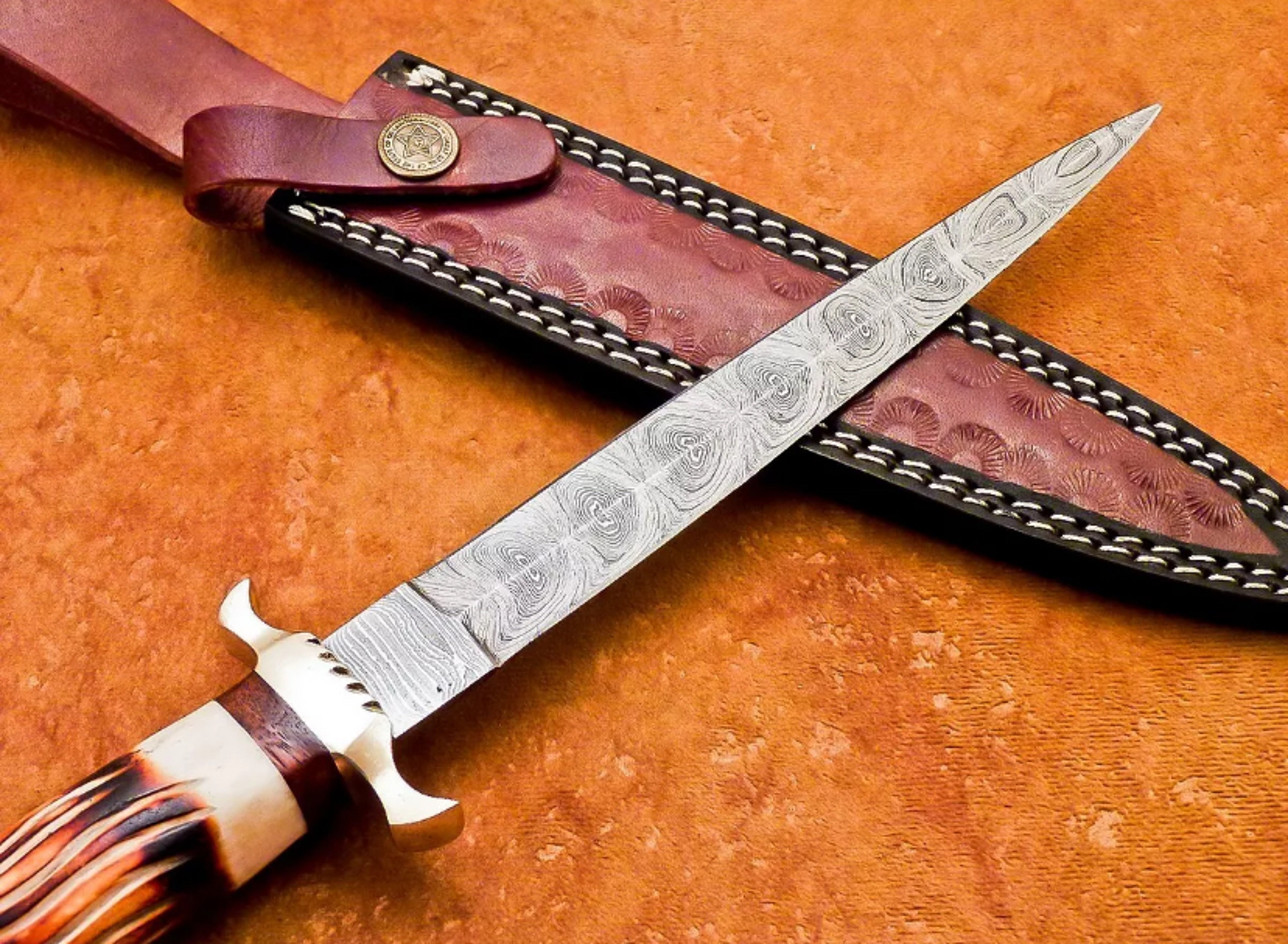 HAND FORGED DAMASCUS 12.0" DAGGER HUNTING KNIFE CAMEL BONE With Leather Sheath – view 3