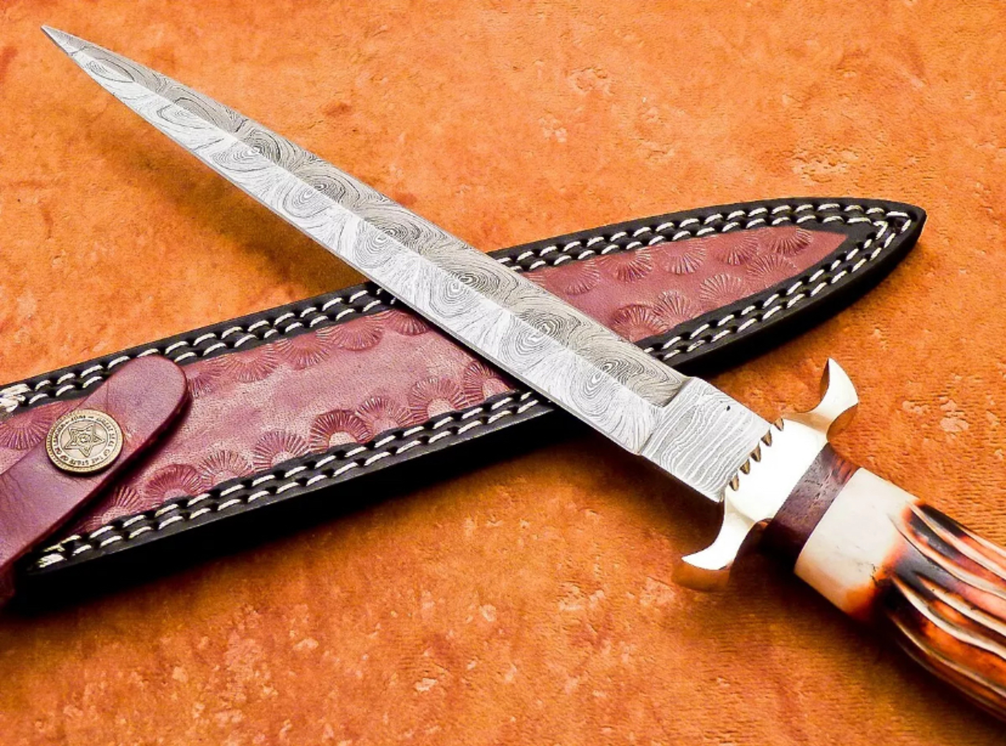 HAND FORGED DAMASCUS 12.0" DAGGER HUNTING KNIFE CAMEL BONE With Leather Sheath – view 6