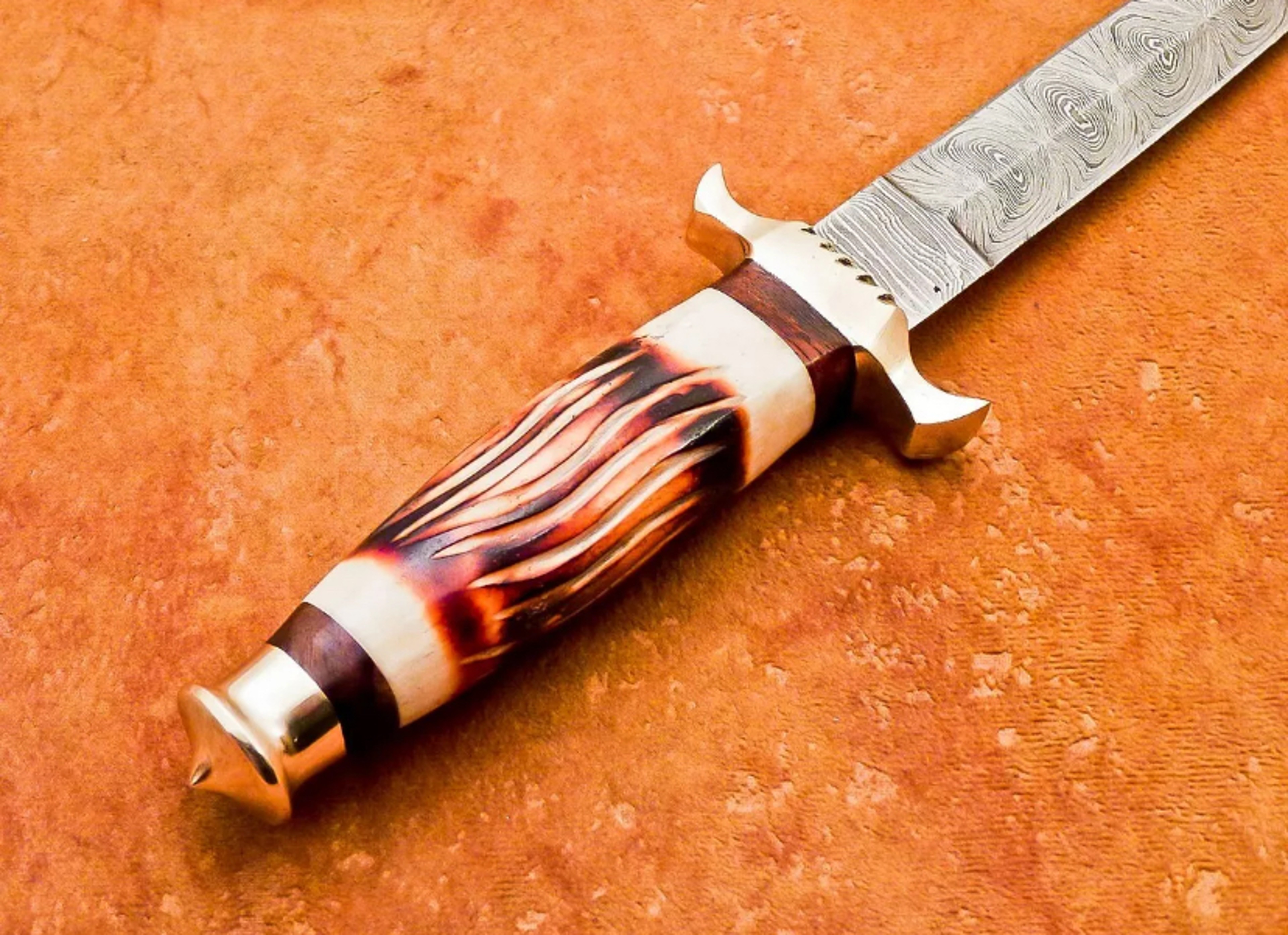 HAND FORGED DAMASCUS 12.0" DAGGER HUNTING KNIFE CAMEL BONE With Leather Sheath – view 8