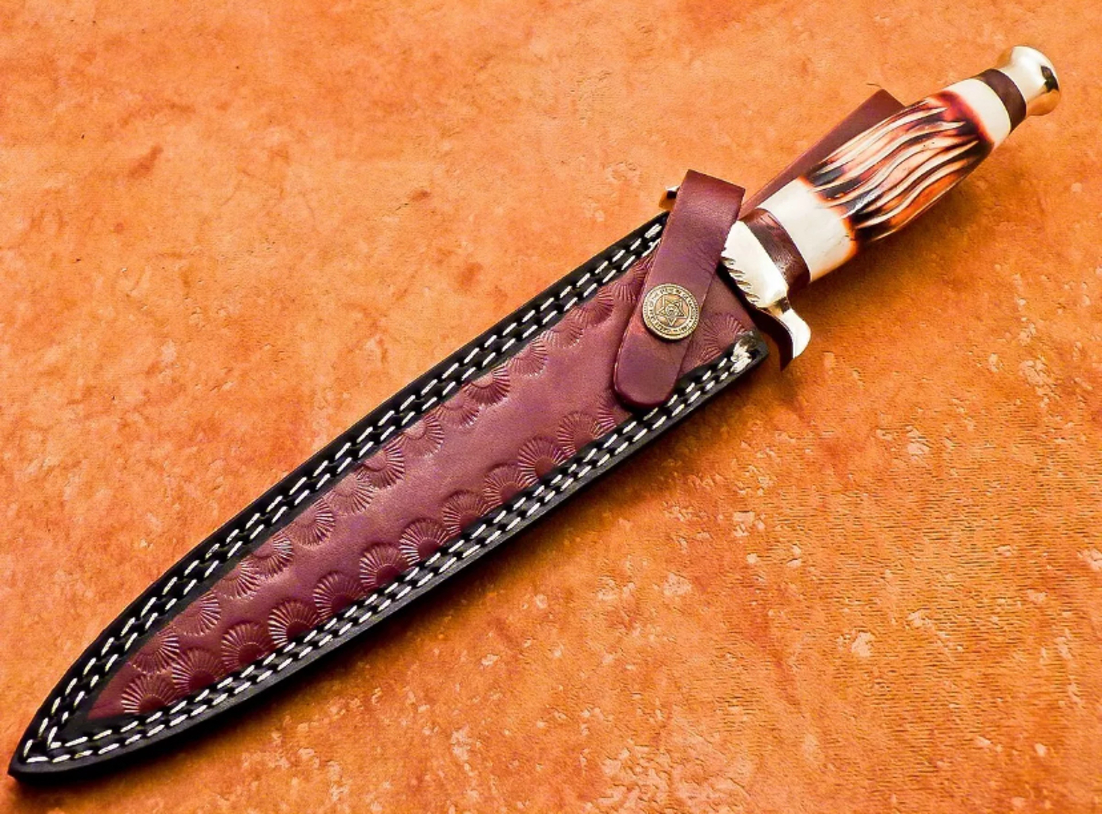 HAND FORGED DAMASCUS 12.0" DAGGER HUNTING KNIFE CAMEL BONE With Leather Sheath – view 9