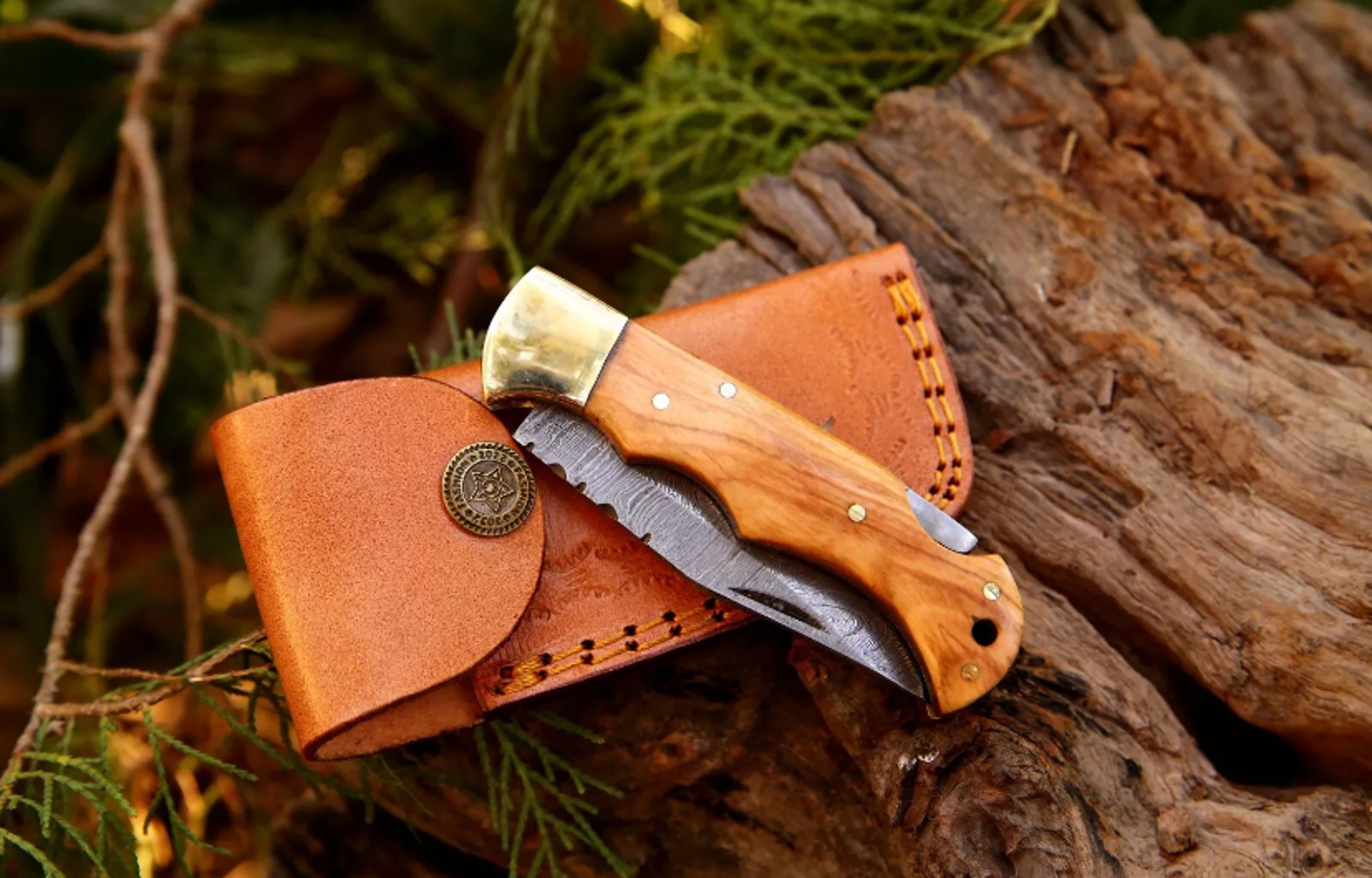 Devotion Edge Damascus Handmade Folding Pocket Damascus Steel Knife With Leather Sheath – view 7