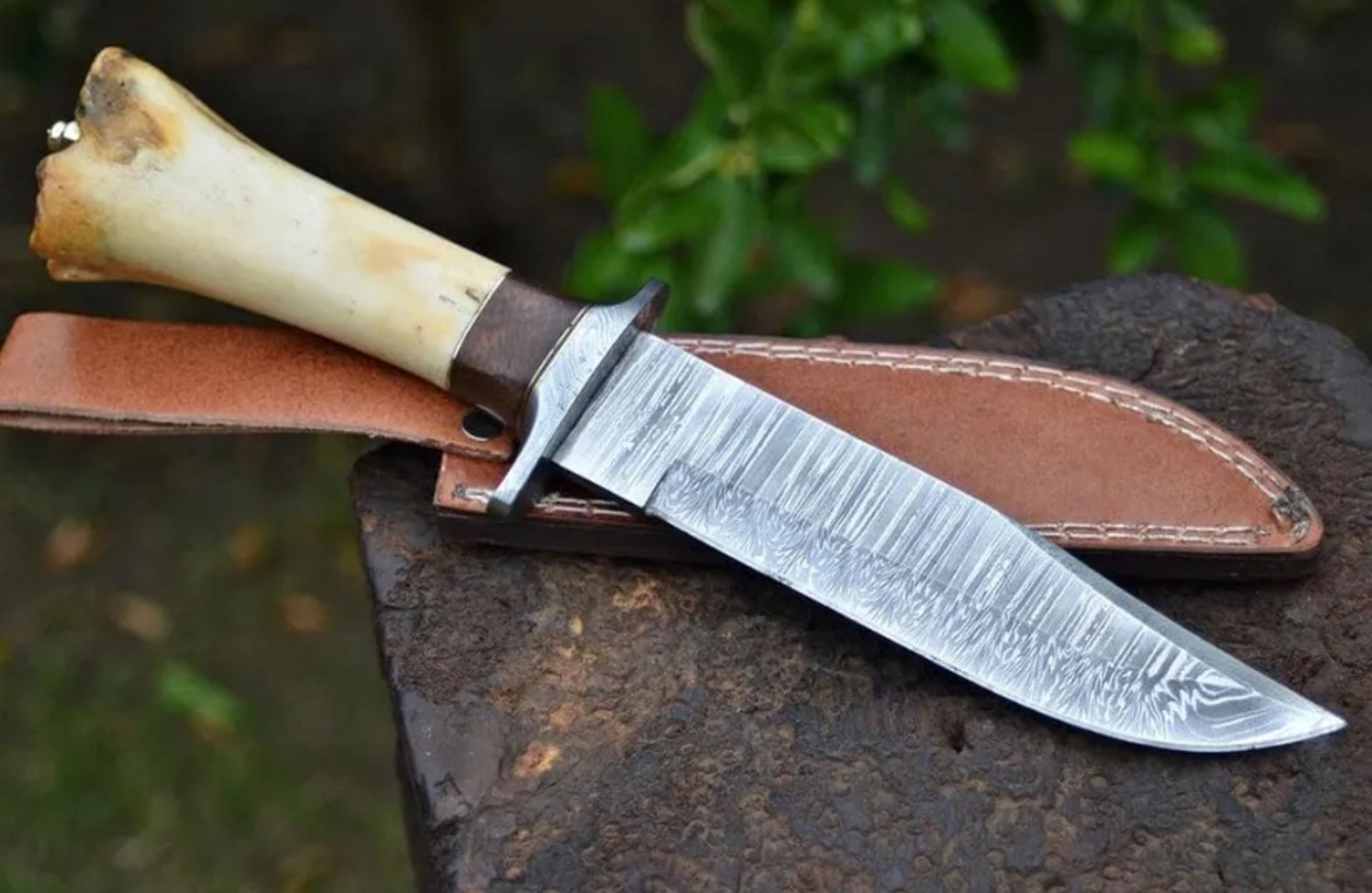Devotion Edge Custom Handmade Damascus Steel Camel Bone Handle Hunting Bowie Knife with Sheath – view 6
