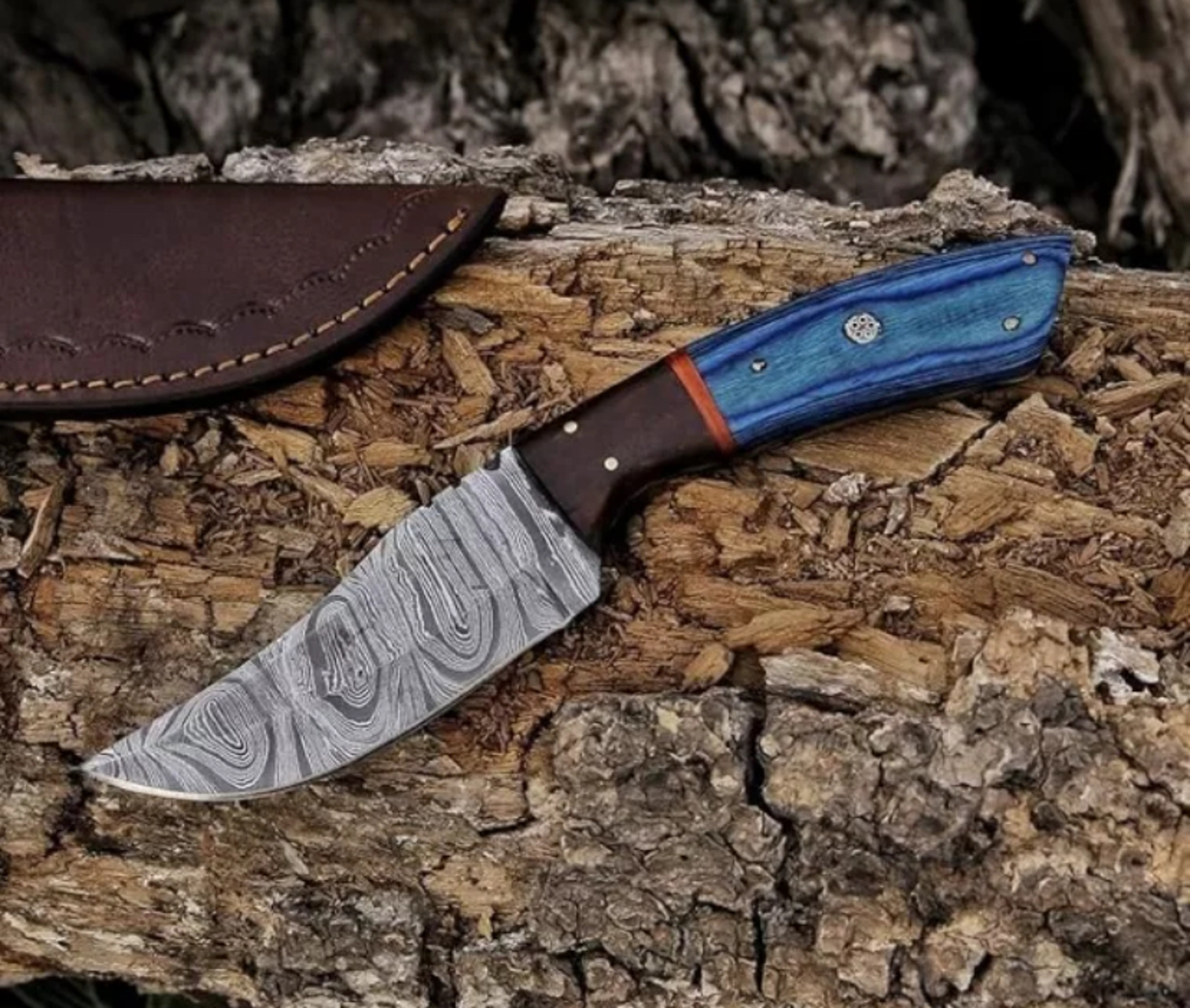Handmade Damascus Hunting Knife Fixed Blade Camping Survival Skinning Knives With Leather Sheath – view 6