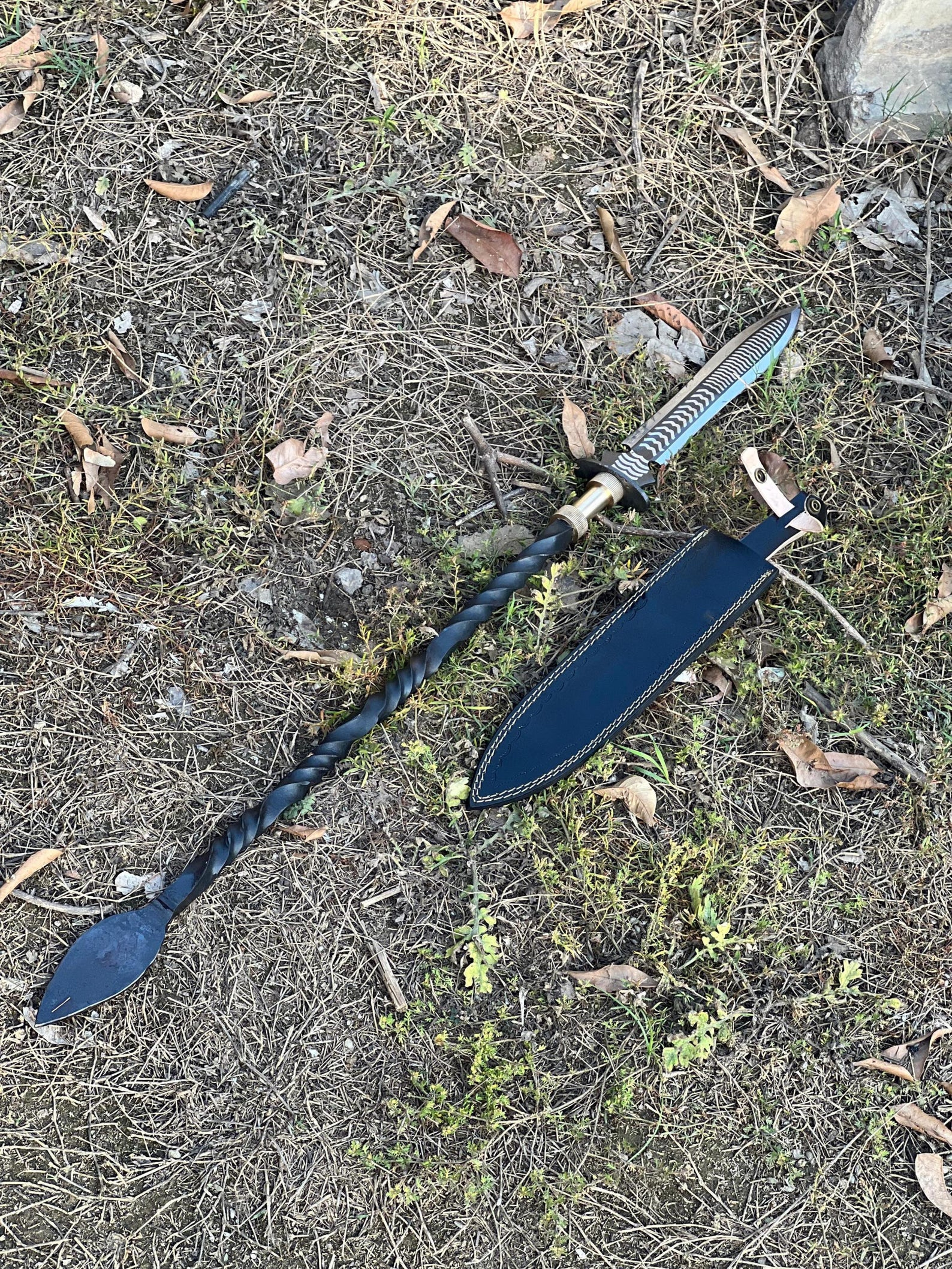 Hand Forged Leaf Blade Spear  Handmade Twisted Shaft Polearm With Engraved Steel Head  Leather Shea 6
