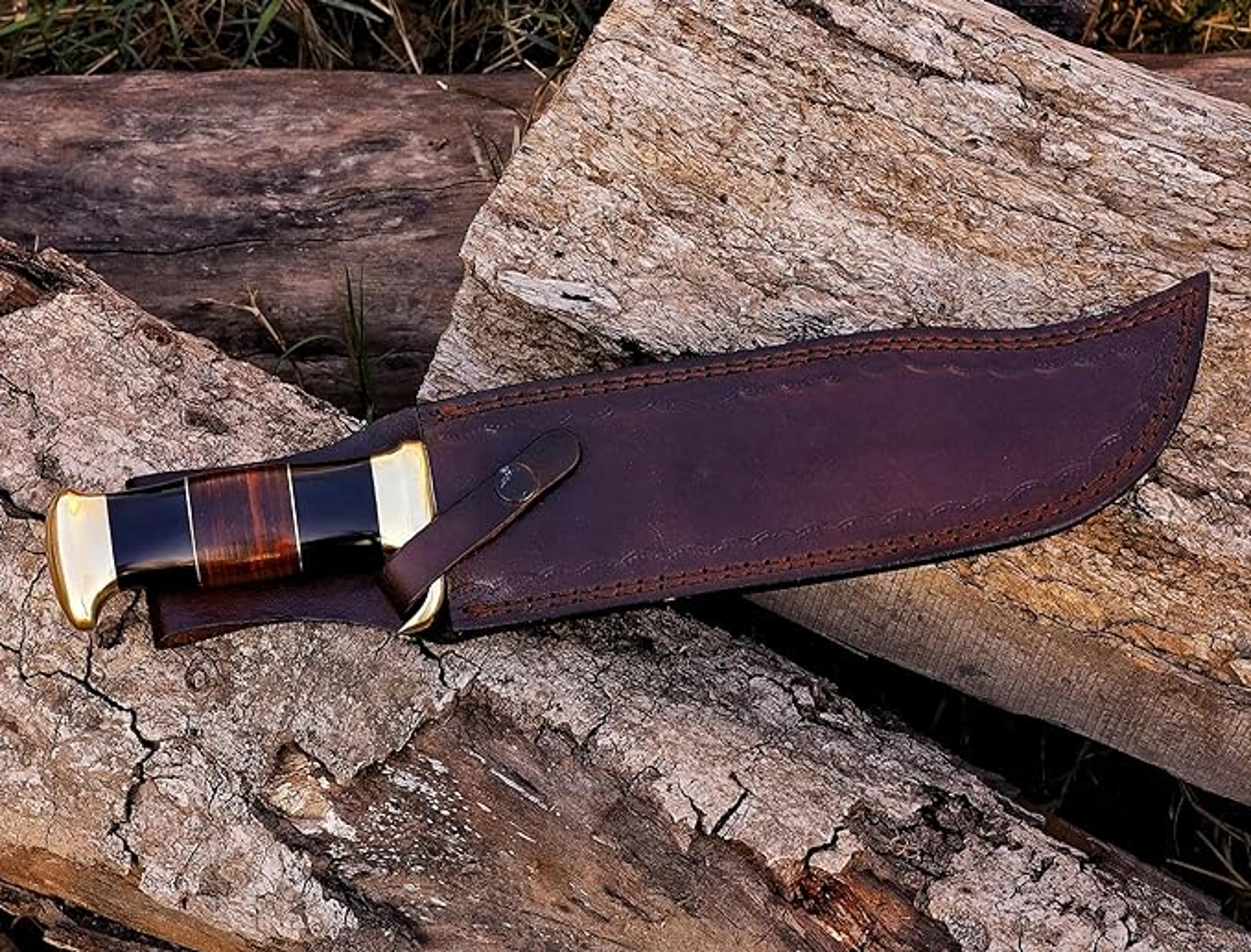 14-inch Bowie Knife, Full tang Fixed Blade Knife with Horn Handle, Hunting Knife with Leather Sheath for Outdoor – view 4