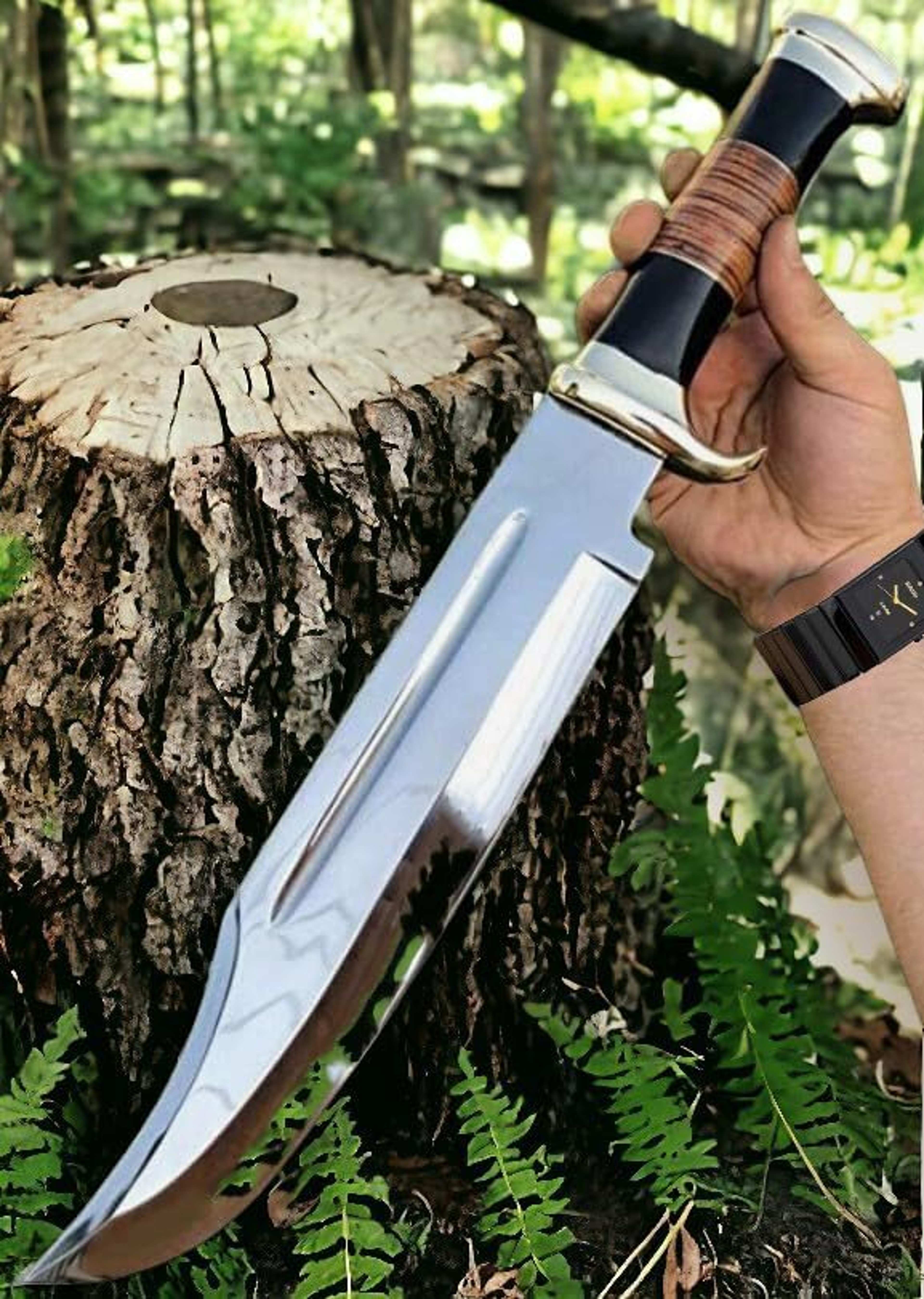 14-inch Bowie Knife, Full tang Fixed Blade Knife with Horn Handle, Hunting Knife with Leather Sheath for Outdoor – view 2