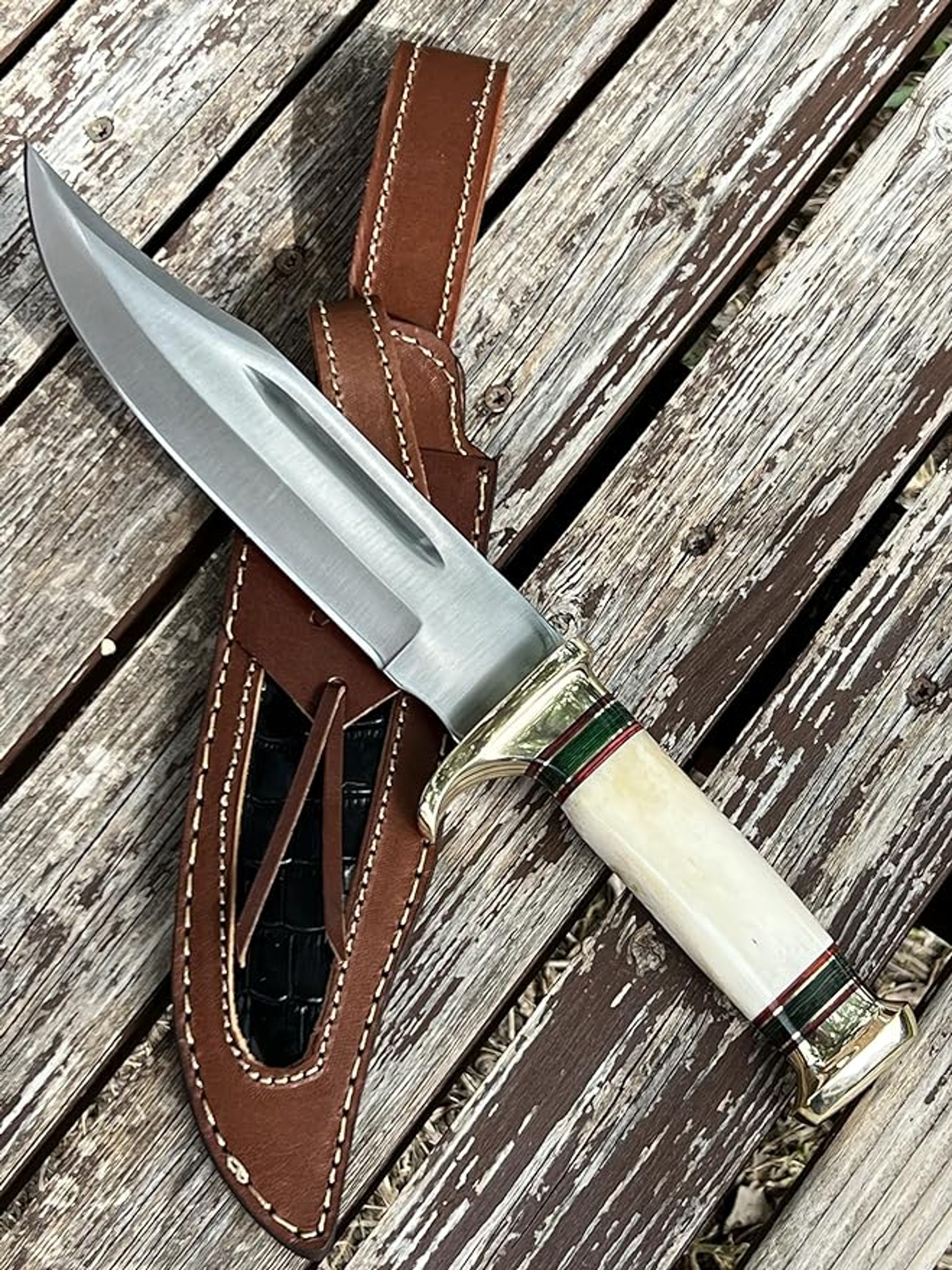 12-inch Bowie Knife, Full-tang Fixed Blade, Wood Handle Hunting Knife with Leather Sheath for Camping – view 4