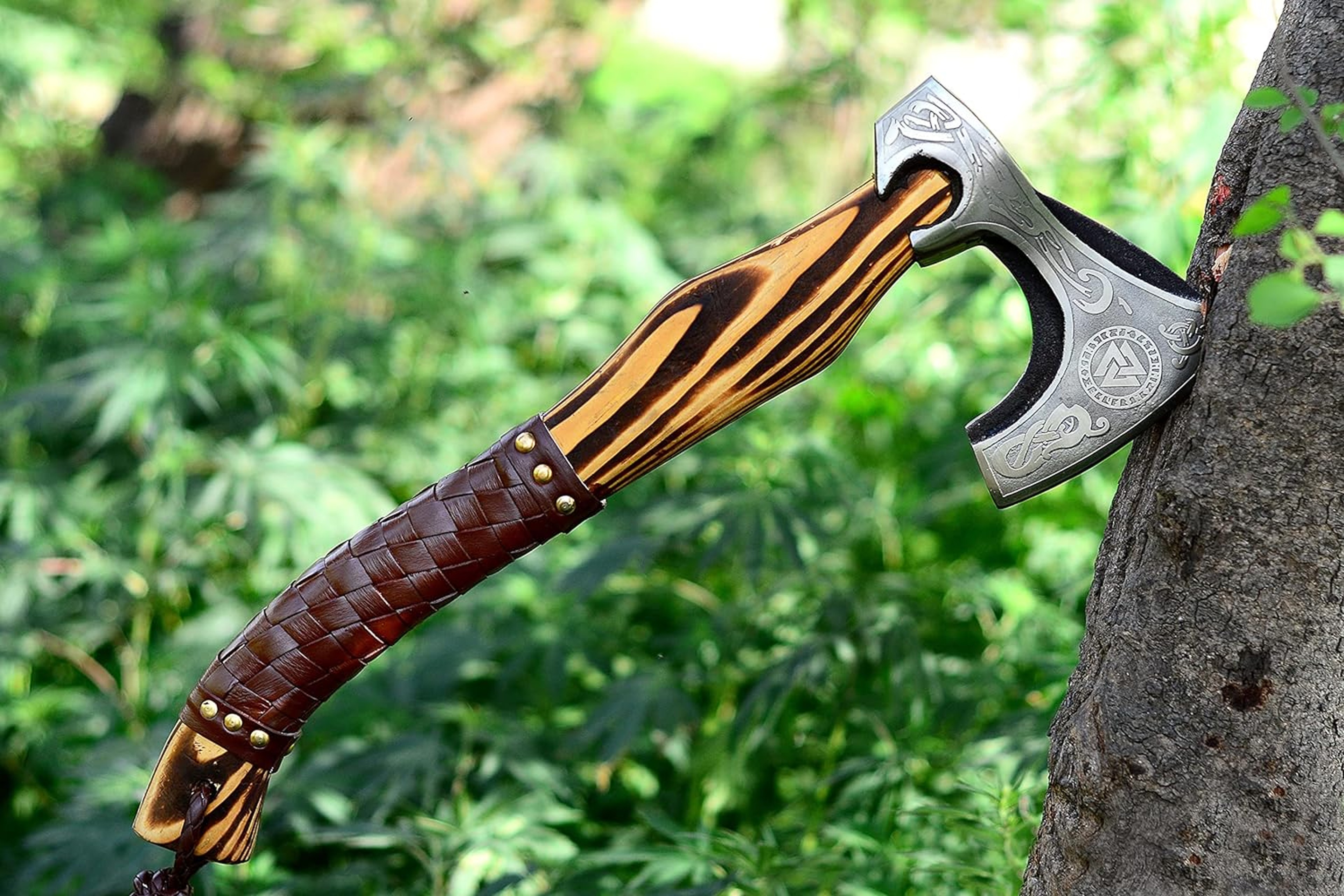14"inches Ash Wood Handle Camping Axe with Leather Sheath High Carbon Steel Hatchets Splitting Axe, Throwing Axes – view 3