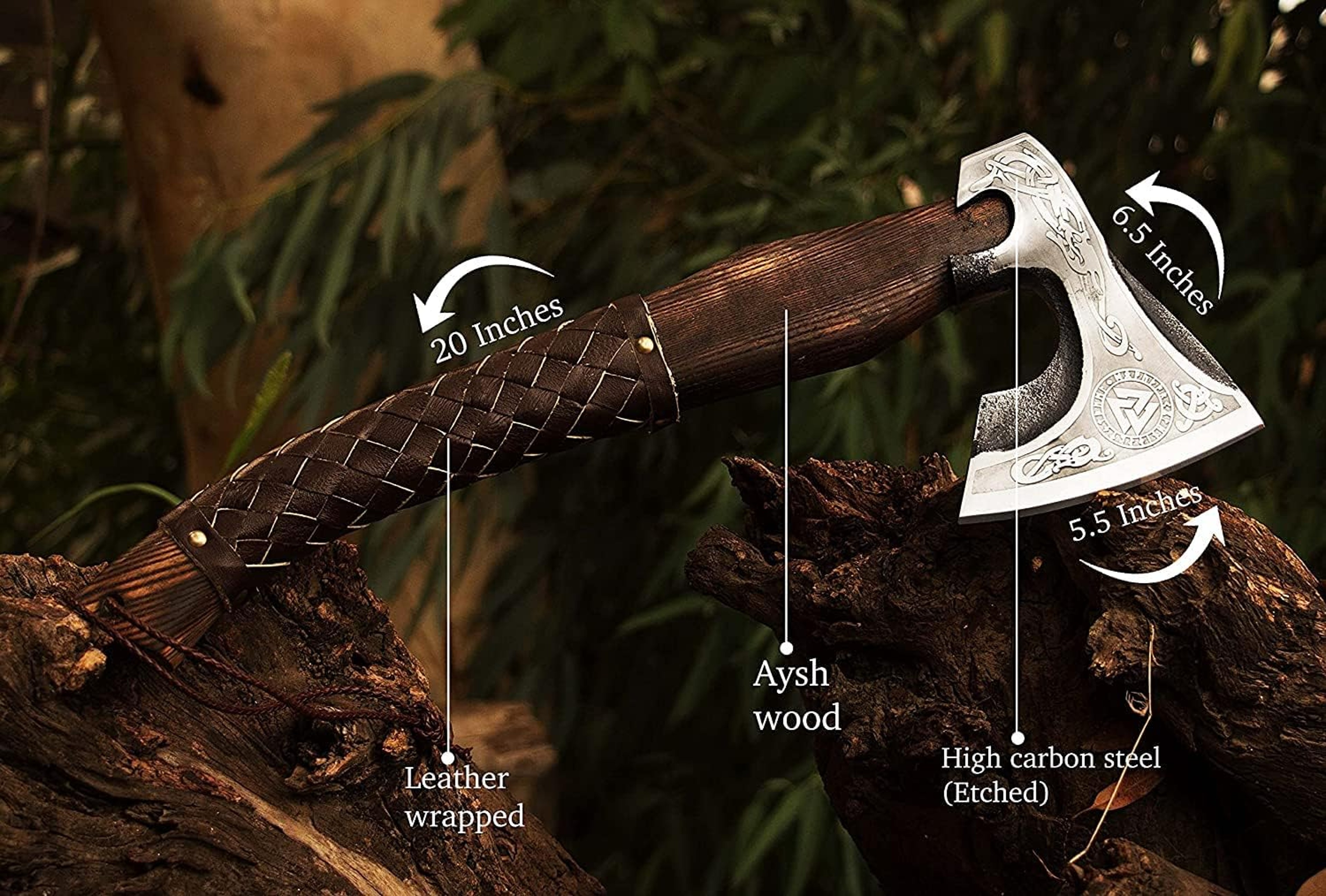 14"inches Ash Wood Handle Camping Axe with Leather Sheath High Carbon Steel Hatchets Splitting Axe, Throwing Axes – view 2