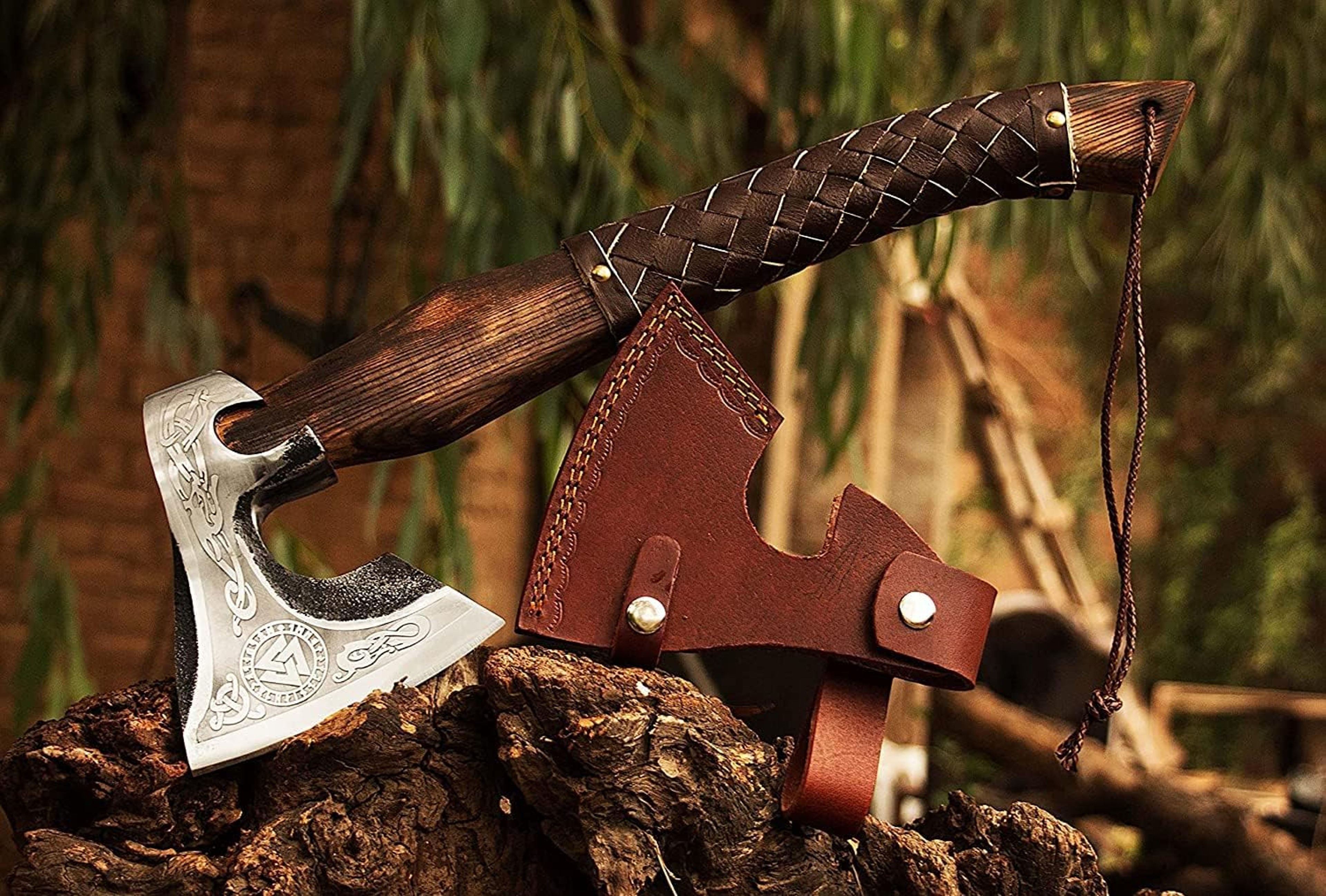 14"inches Ash Wood Handle Camping Axe with Leather Sheath High Carbon Steel Hatchets Splitting Axe, Throwing Axes – view 5