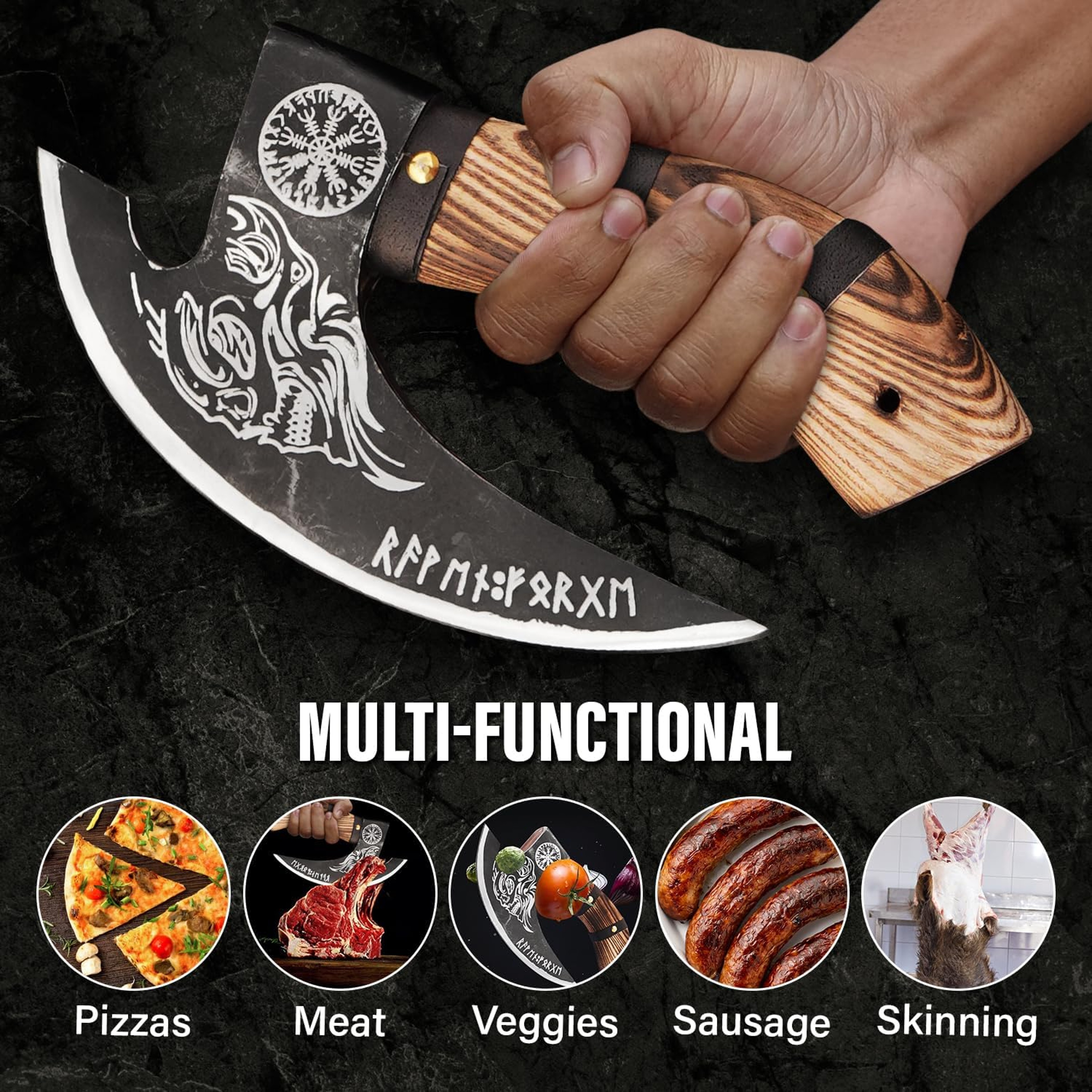 11" Pizza cutter 10" Cutting Blade with Carbon Steel, Leather Sheath Viking Style. Chopping Multi Purpose Cutter – view 2