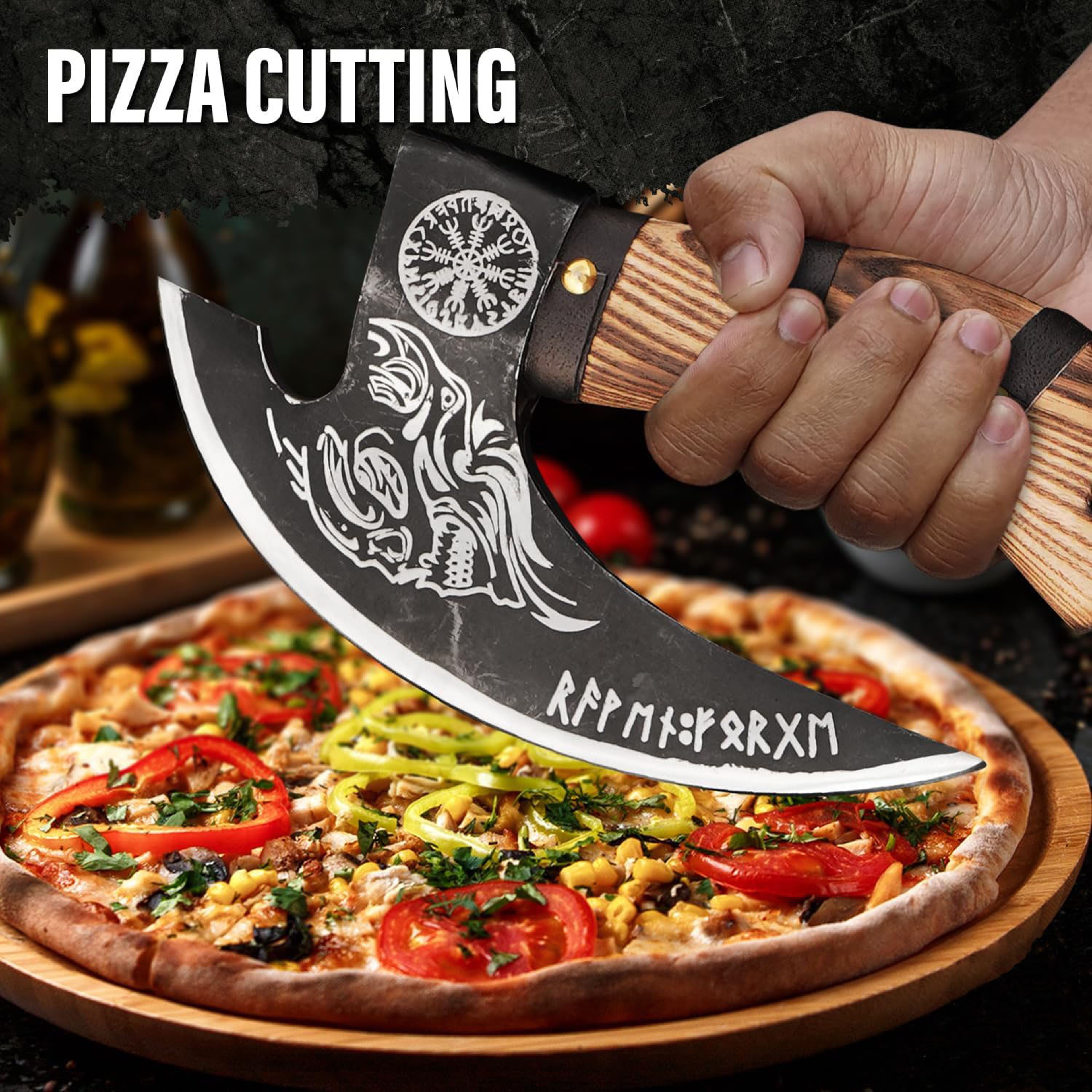 11" Pizza cutter 10" Cutting Blade with Carbon Steel, Leather Sheath Viking Style. Chopping Multi Purpose Cutter – view 3
