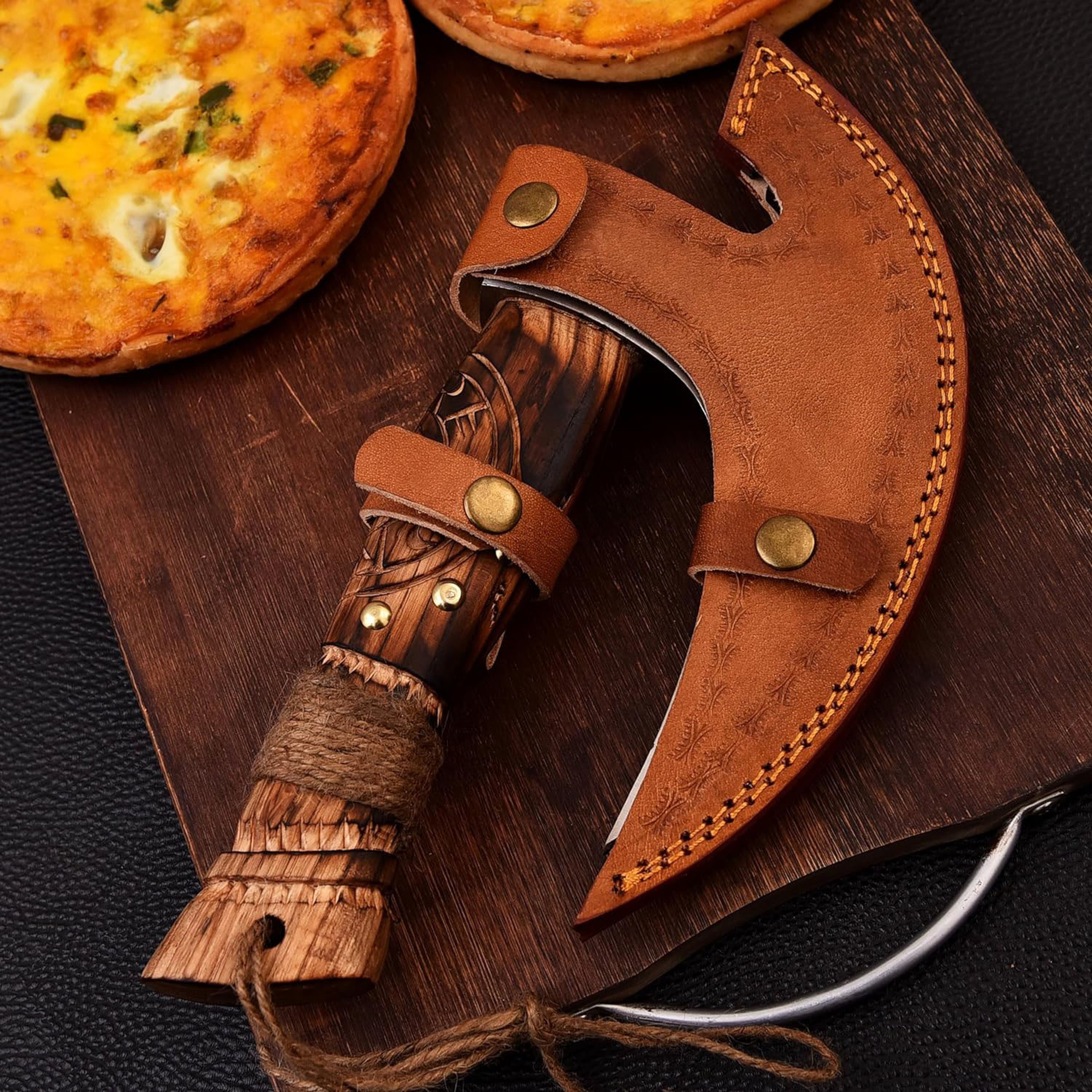 11" Pizza cutter 10" Cutting Blade with Carbon Steel, Leather Sheath hiking Style Multi Purpose ash wood engraved – view 5