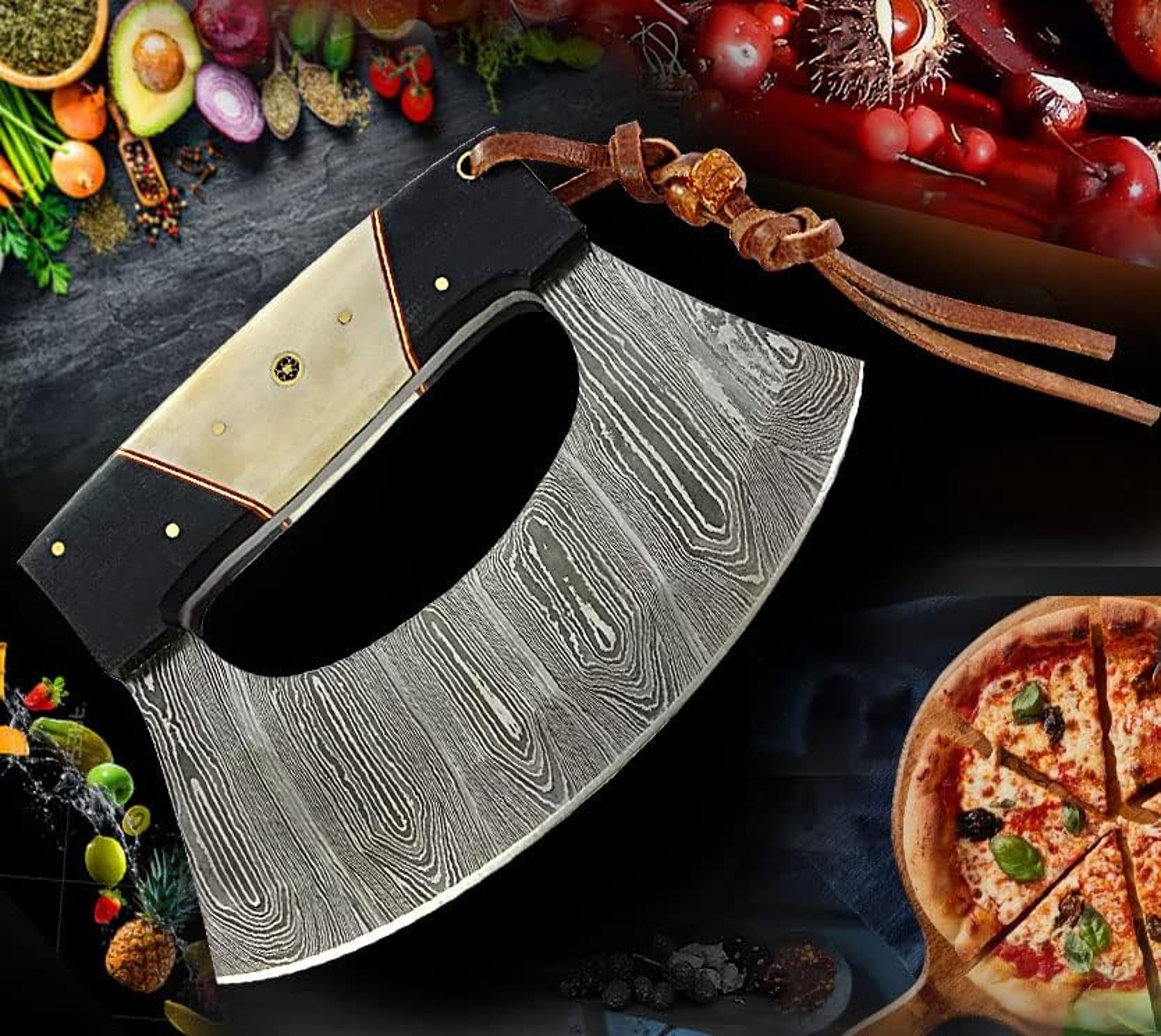 Damascus Steel alaskan Ulu Knife Fixed Blade knife for Chopping Boning Slicing Cutting with Leather Sheath – view 3