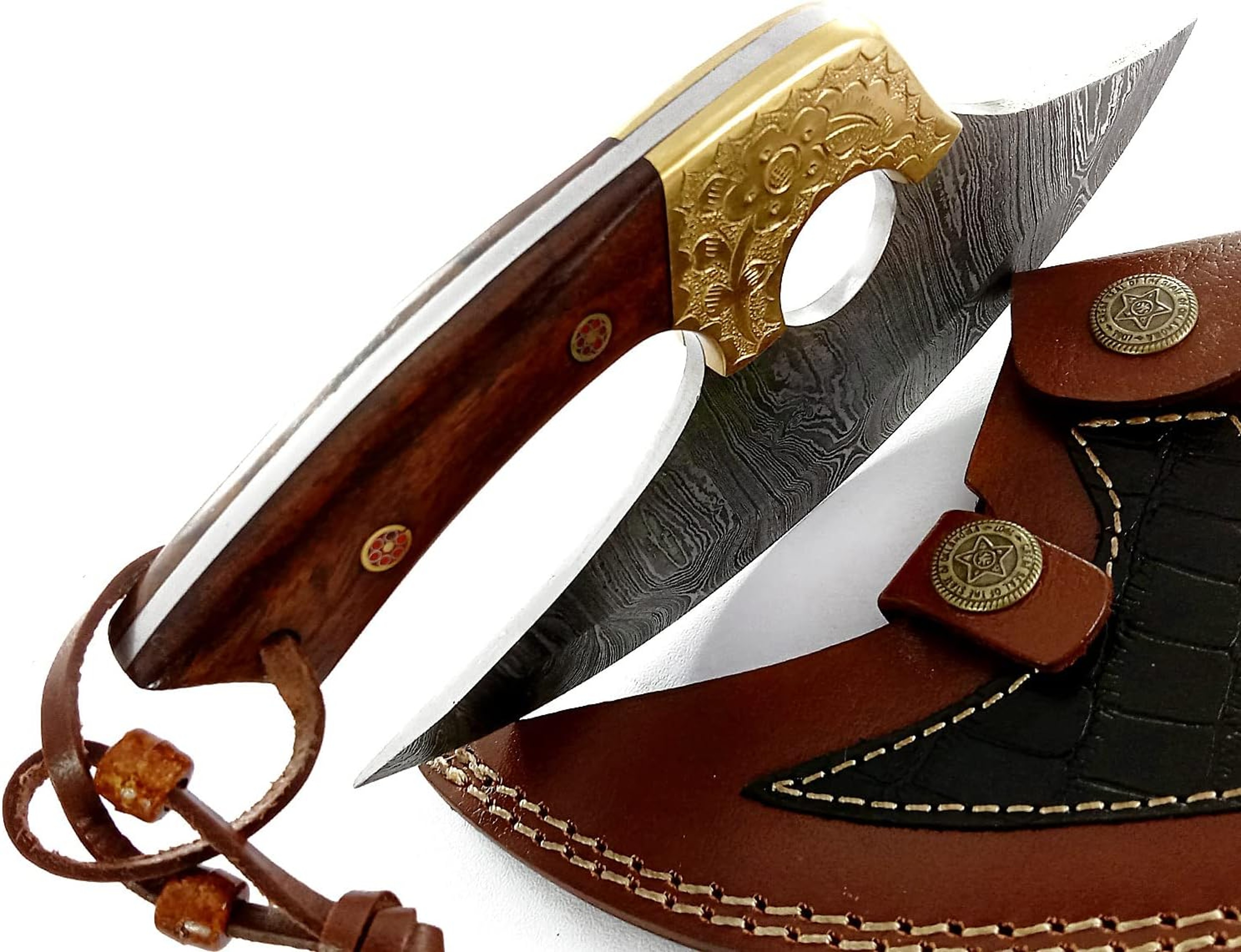 Damascus Steel Alaskan Ulu Knife Fixed Blade knife for Chopping Boning Slicing Cutting Rose Wood Handle Sheath – view 4