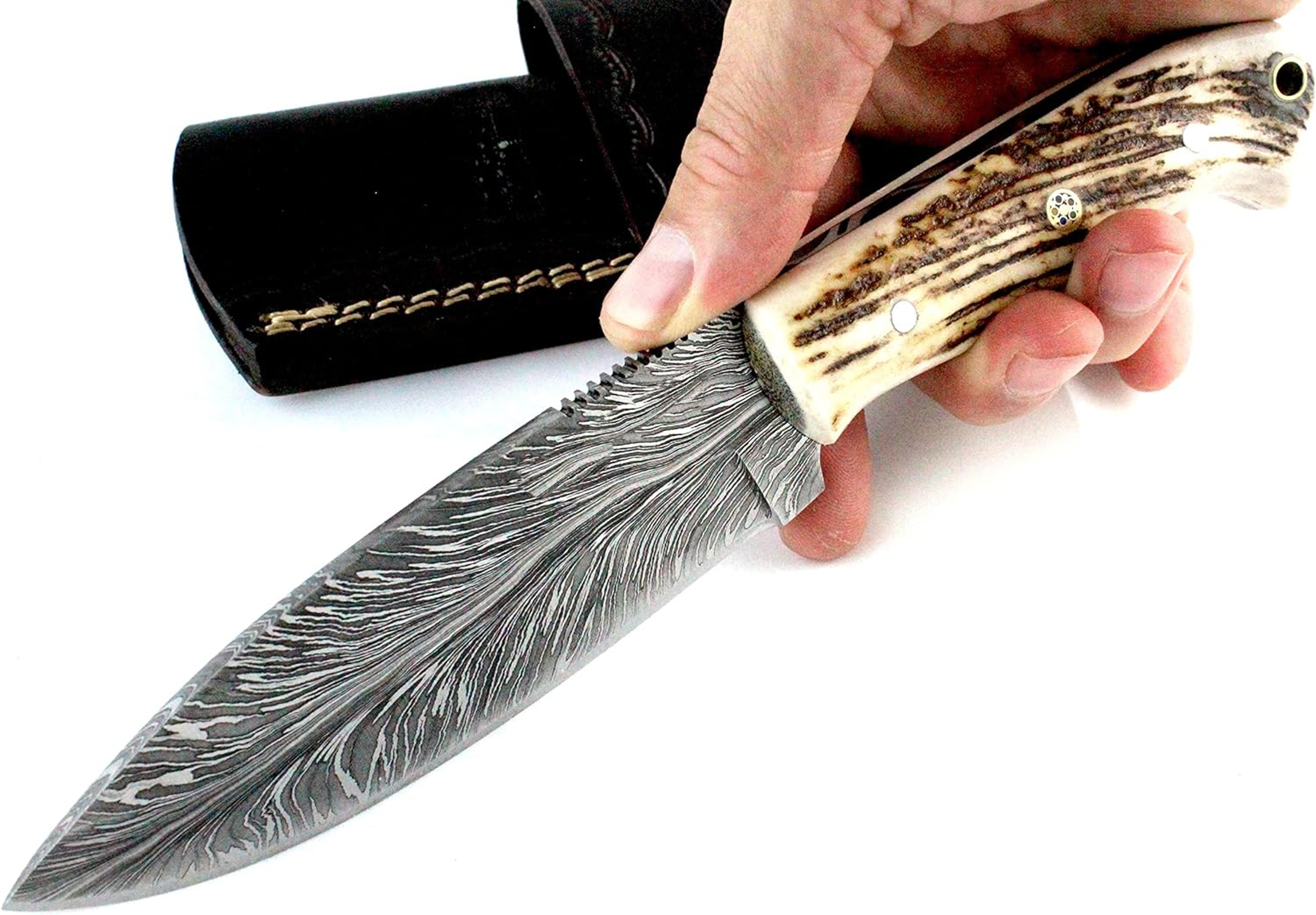 Feather Pattern Knife with Leather Sheath Fixed Blade Hunting Knives for Men Camping Handle Stag – view 1