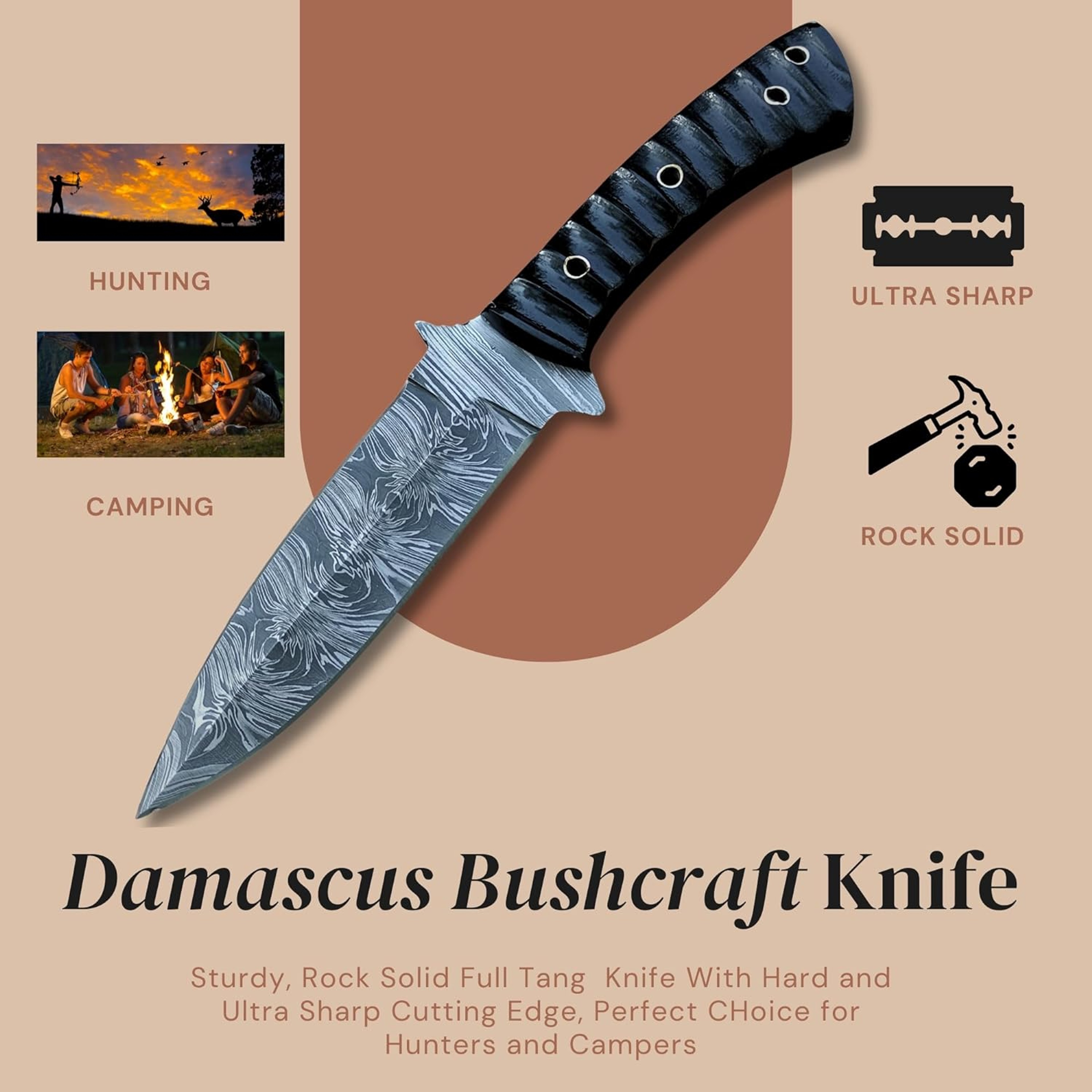 10 Inch Handmade Damascus Hunting Knife Double Edge Full Tang Fixed Blade Bowie Knife With Sheath – view 2