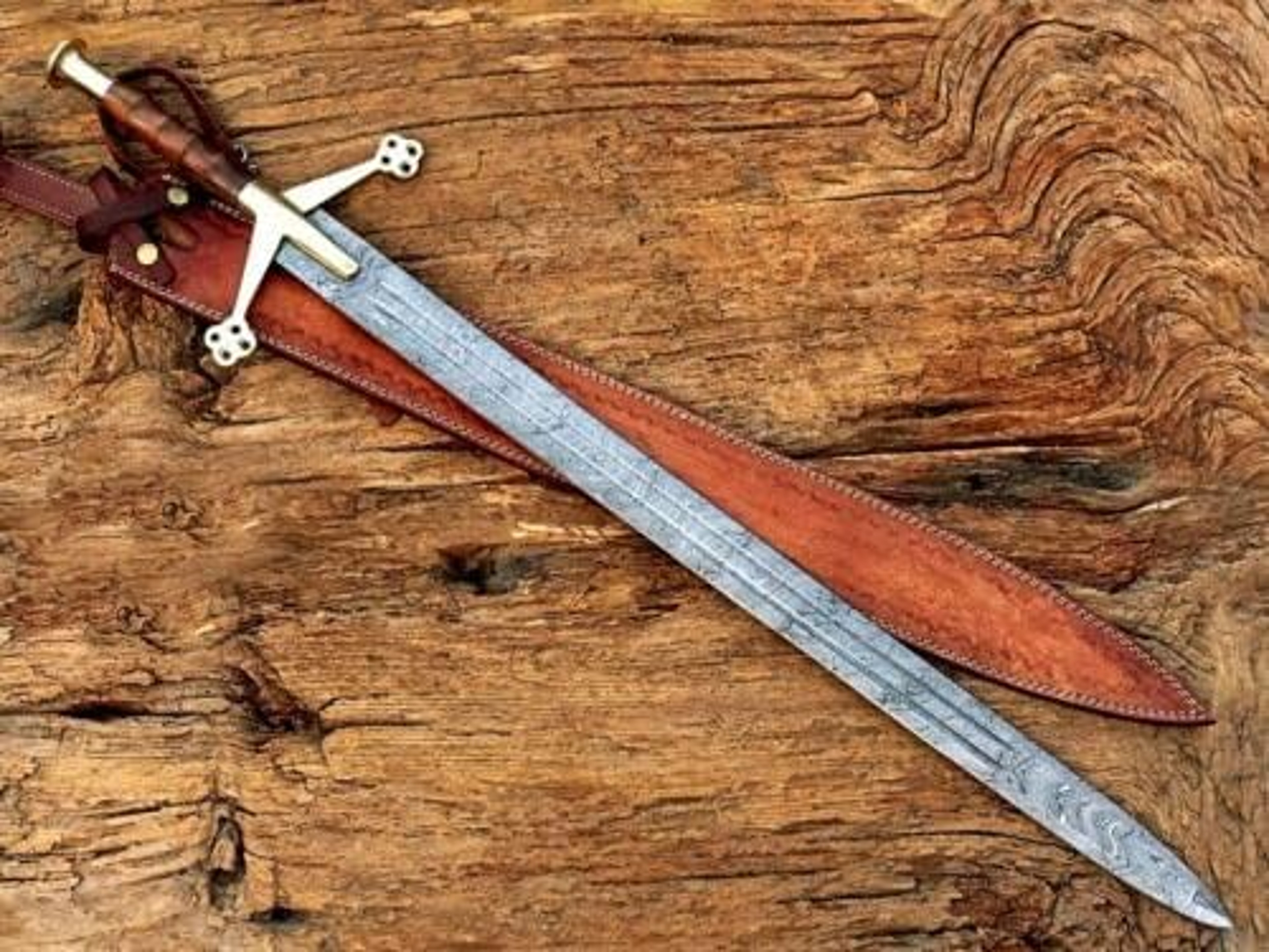 Handmade Damascus Steel Long Scottish Claymore Viking Hiking Sword with Cow Leather Sheath – view 2