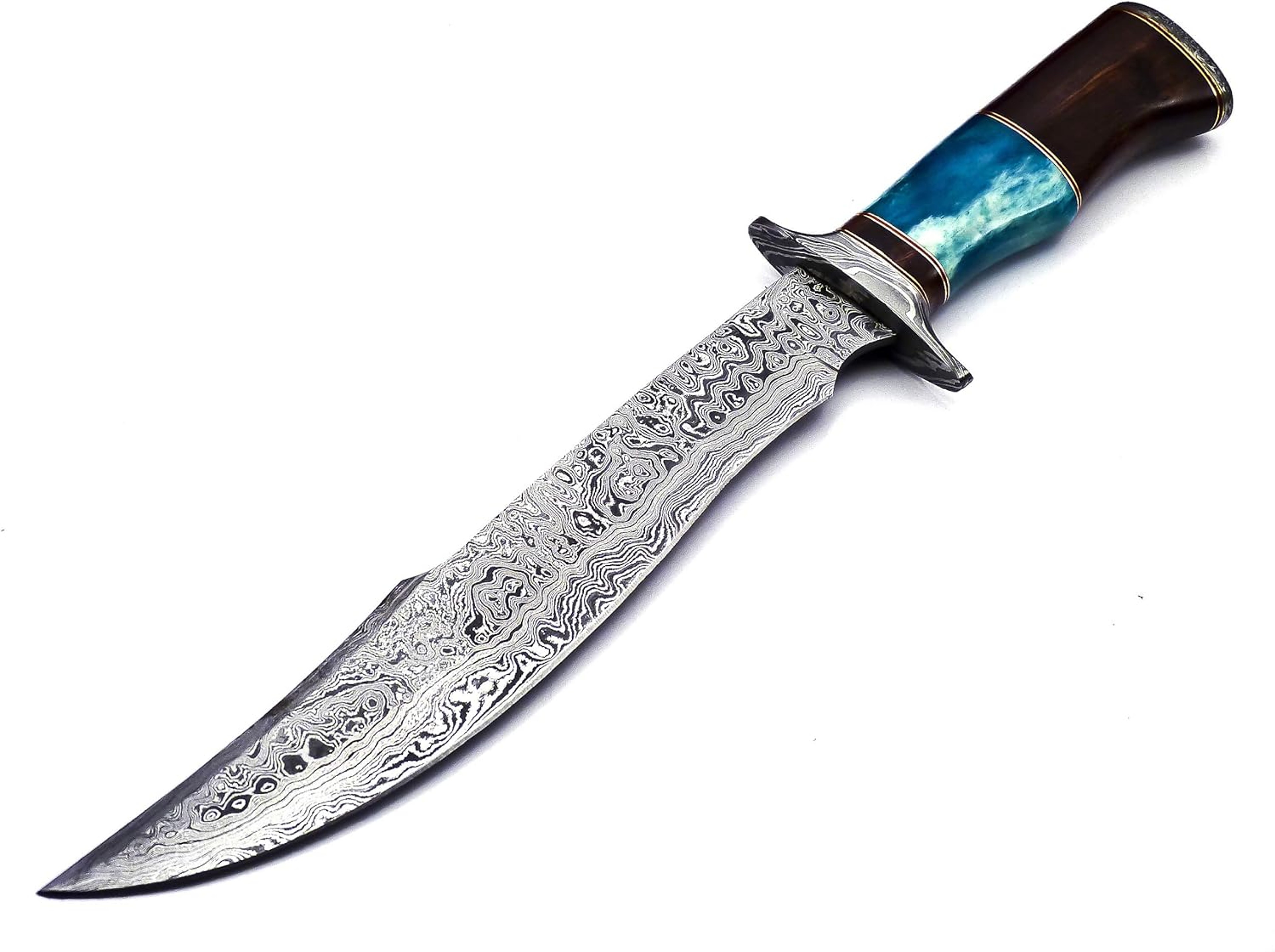 Handmade Damascus Steel 15 Inches Bowie Knife Solid Marindi Wood and Bull Horn Bone Handle With Leather Sheath – view 2