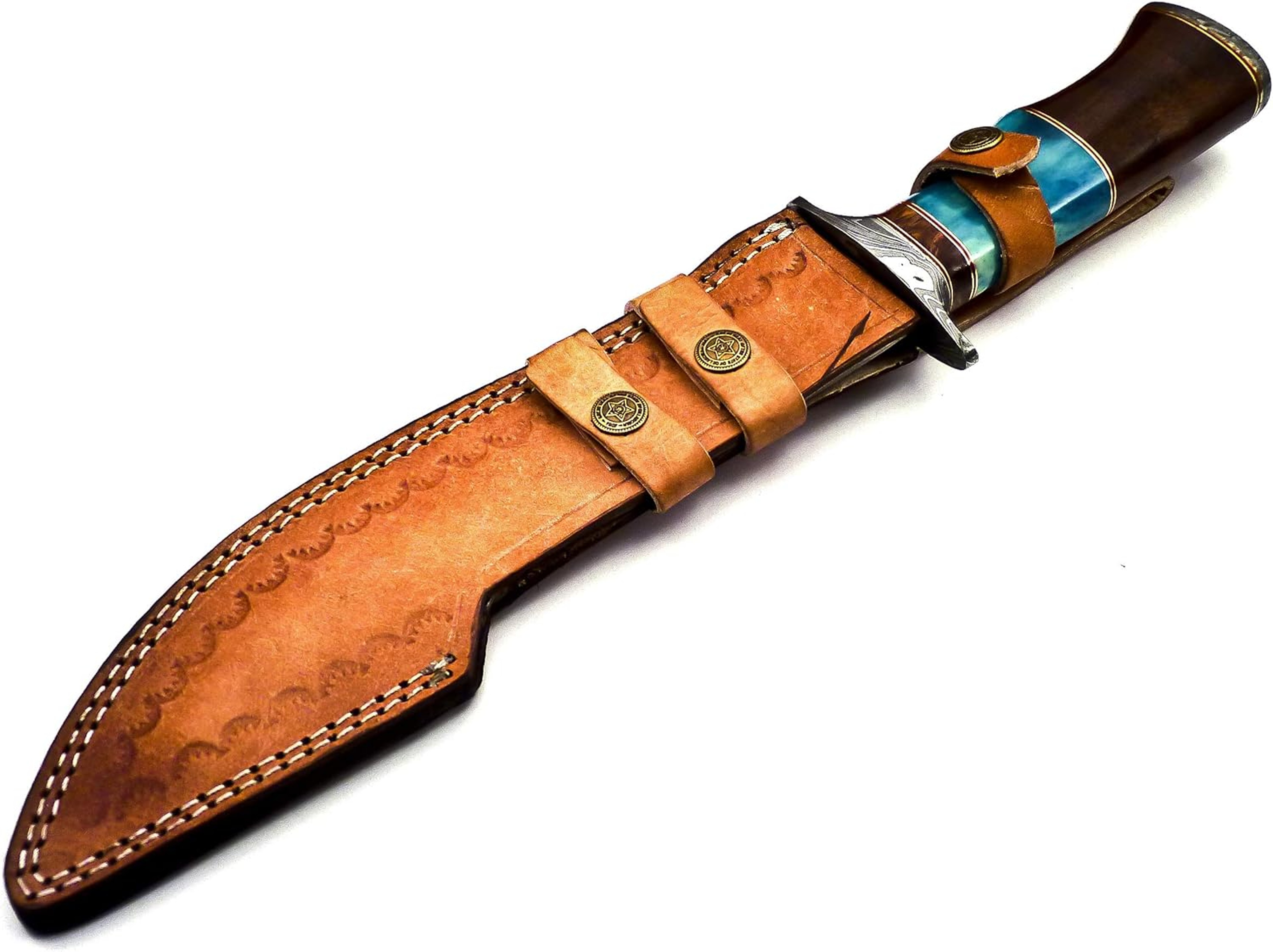 Handmade Damascus Steel 15 Inches Bowie Knife Solid Marindi Wood and Bull Horn Bone Handle With Leather Sheath – view 4