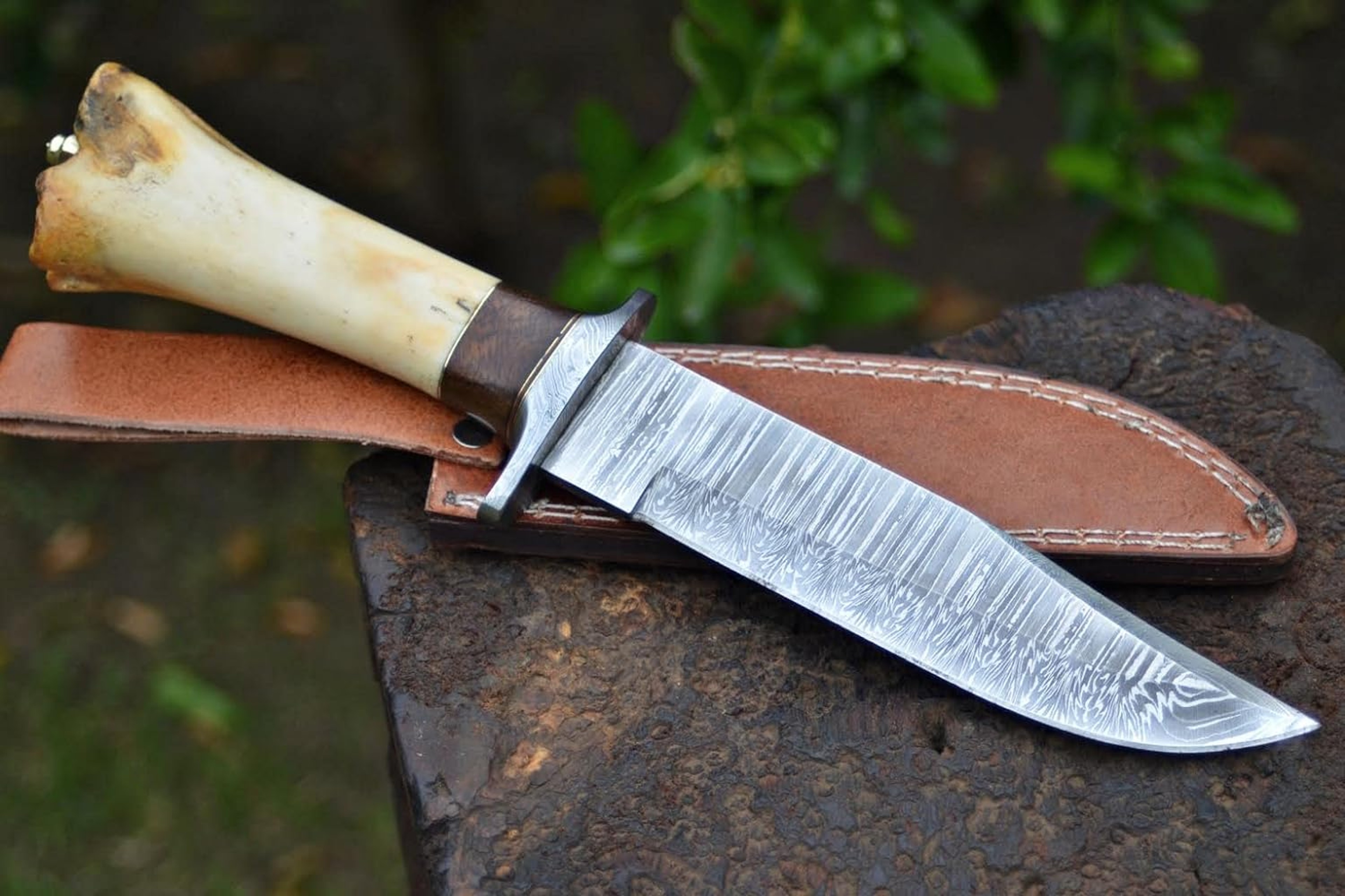 12 Inches Bowie knife Handmade Damascus Steel Hunting Knife Bone & Rose Wood Handle outdoor camping viking – view 2