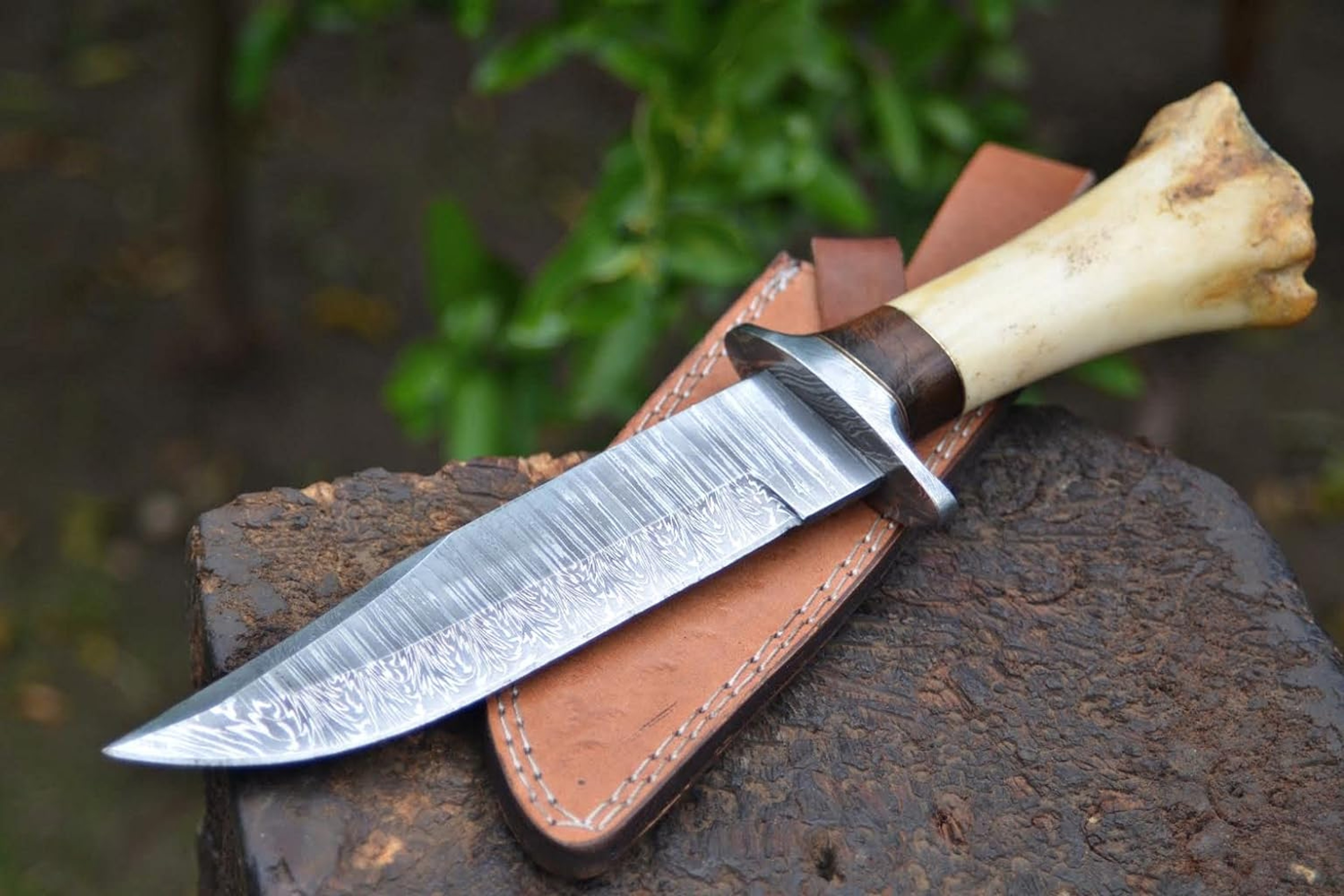 12 Inches Bowie knife Handmade Damascus Steel Hunting Knife Bone & Rose Wood Handle outdoor camping viking – view 4