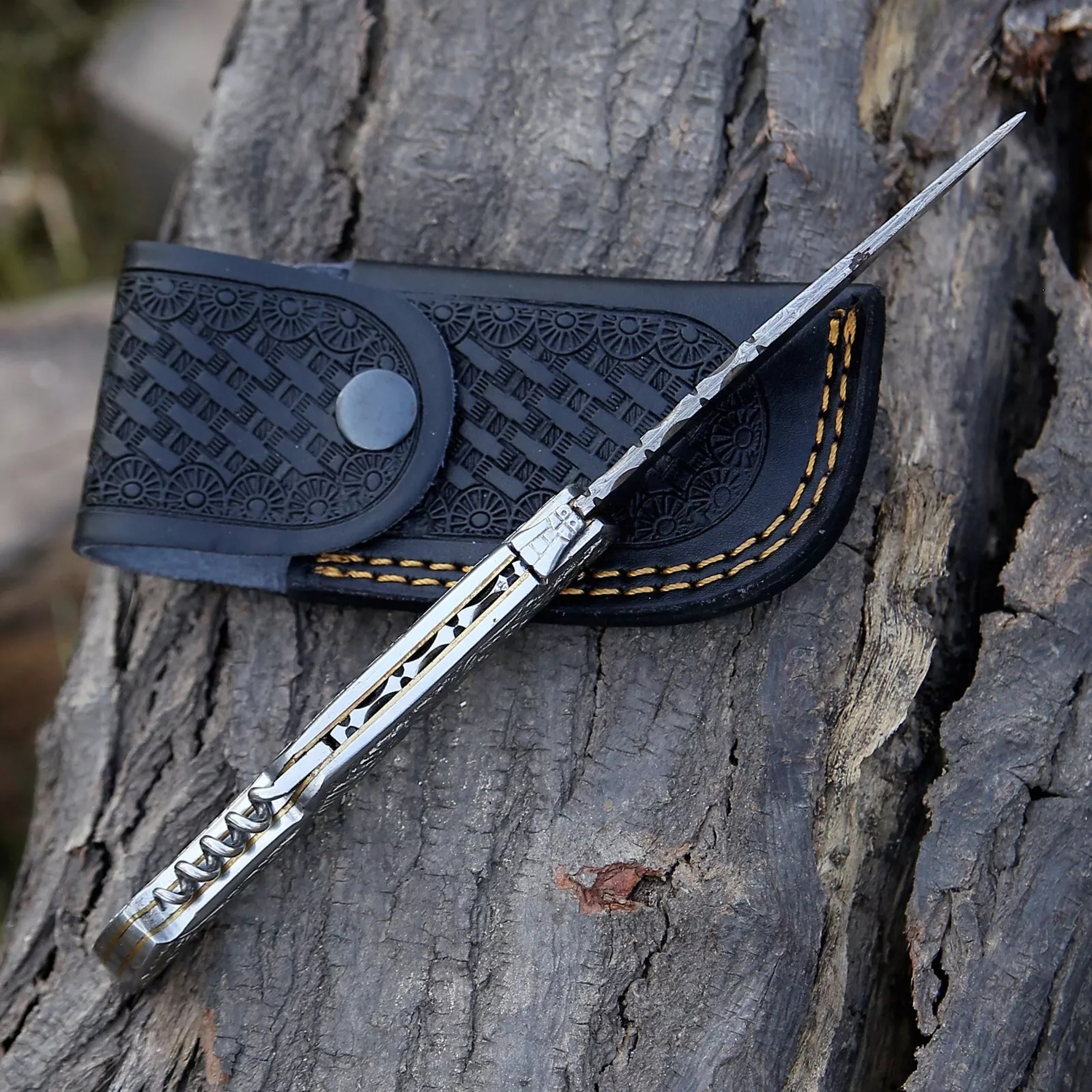 Damascus handmade laguiole Folding Knife Pocket knife camping Hunting Knife Pouch Camping viking – view 7