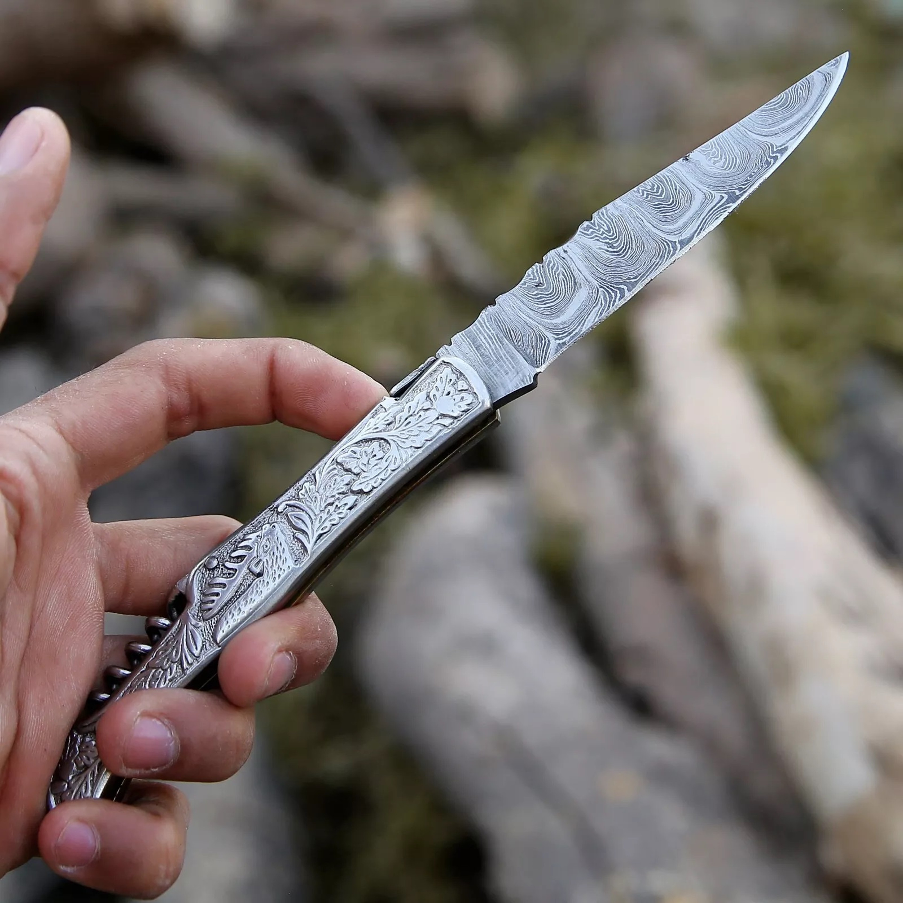 Damascus handmade laguiole Folding Knife Pocket knife camping Hunting Knife Pouch Camping viking – view 8