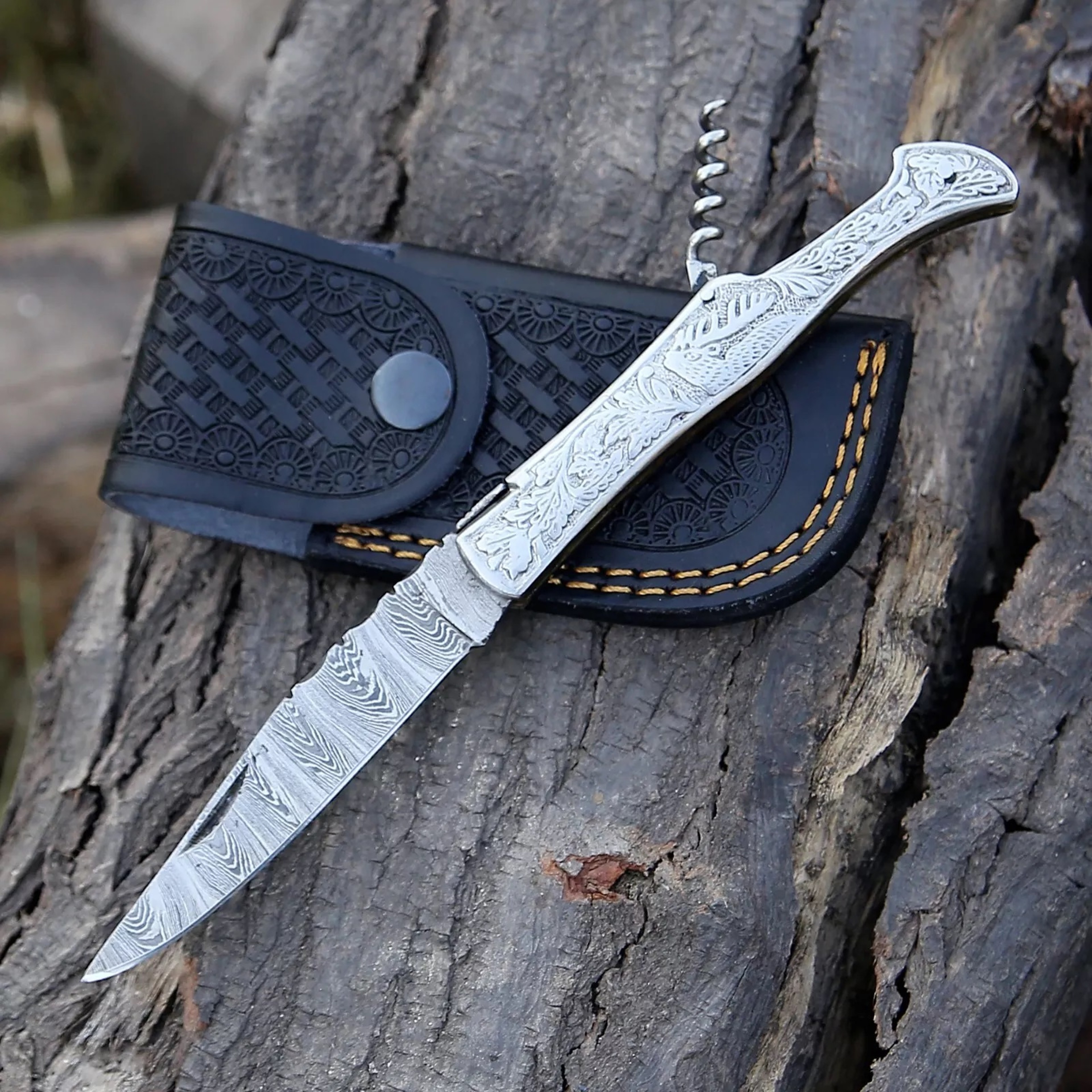 Damascus handmade laguiole Folding Knife Pocket knife camping Hunting Knife Pouch Camping viking – view 9