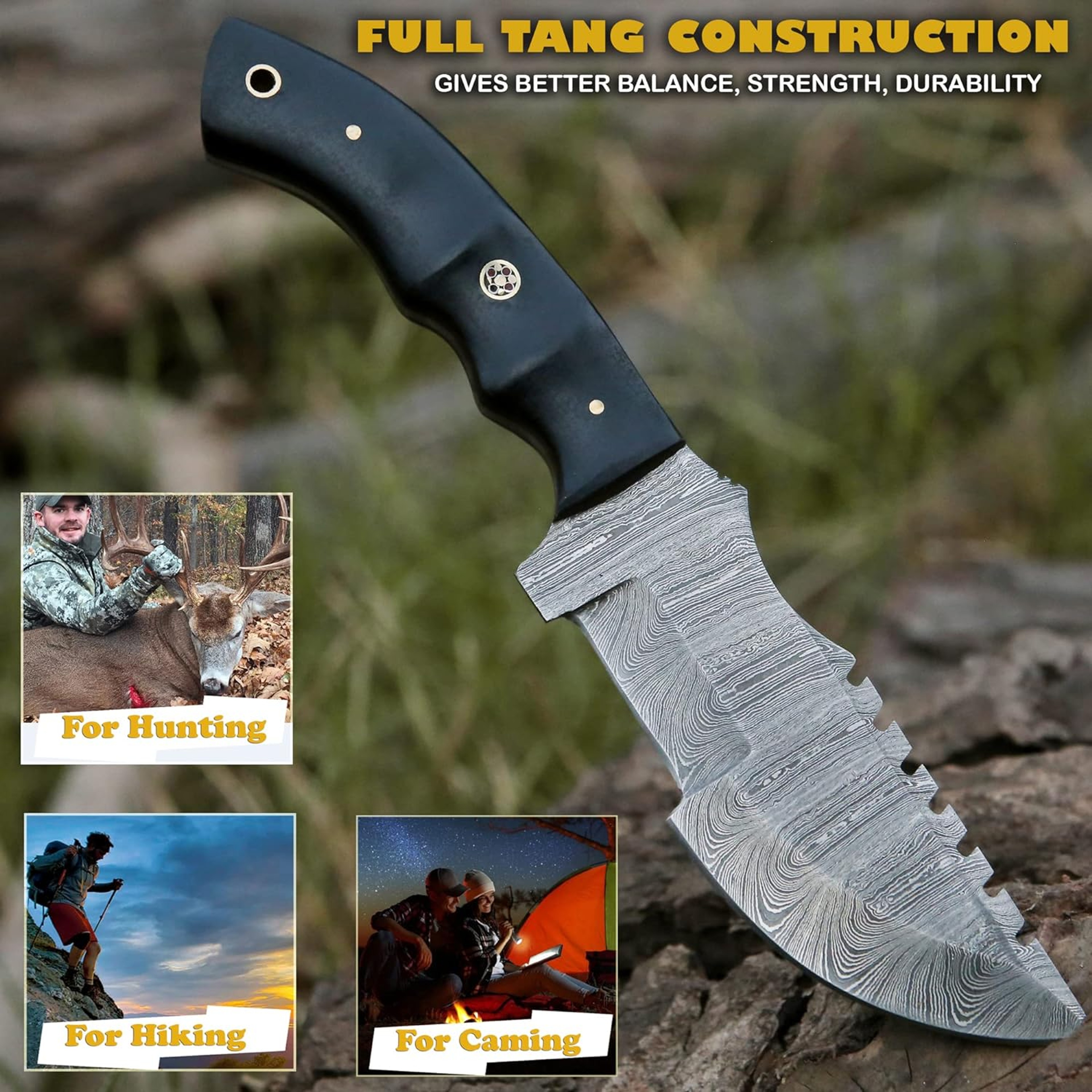 10 Inch Damascus Steel Hunting Tracker Knife with Horizontal Carry Sheath Fixed Blade Survival tactical full tang – view 6
