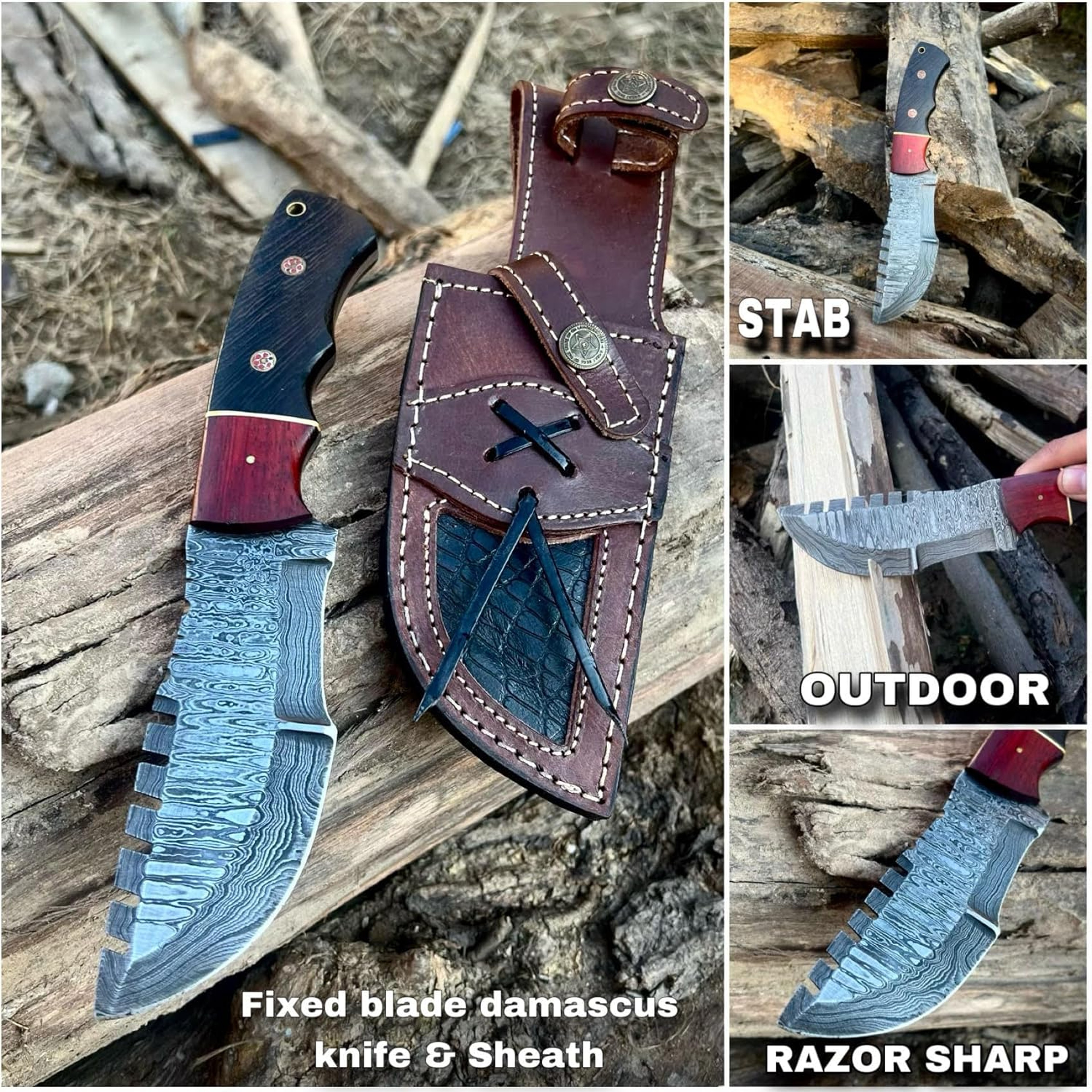 10 Inch Damascus Steel Hunting Tracker Knife with Horizontal Carry Sheath Fixed Blade Camping tactical full tang Knife – view 4