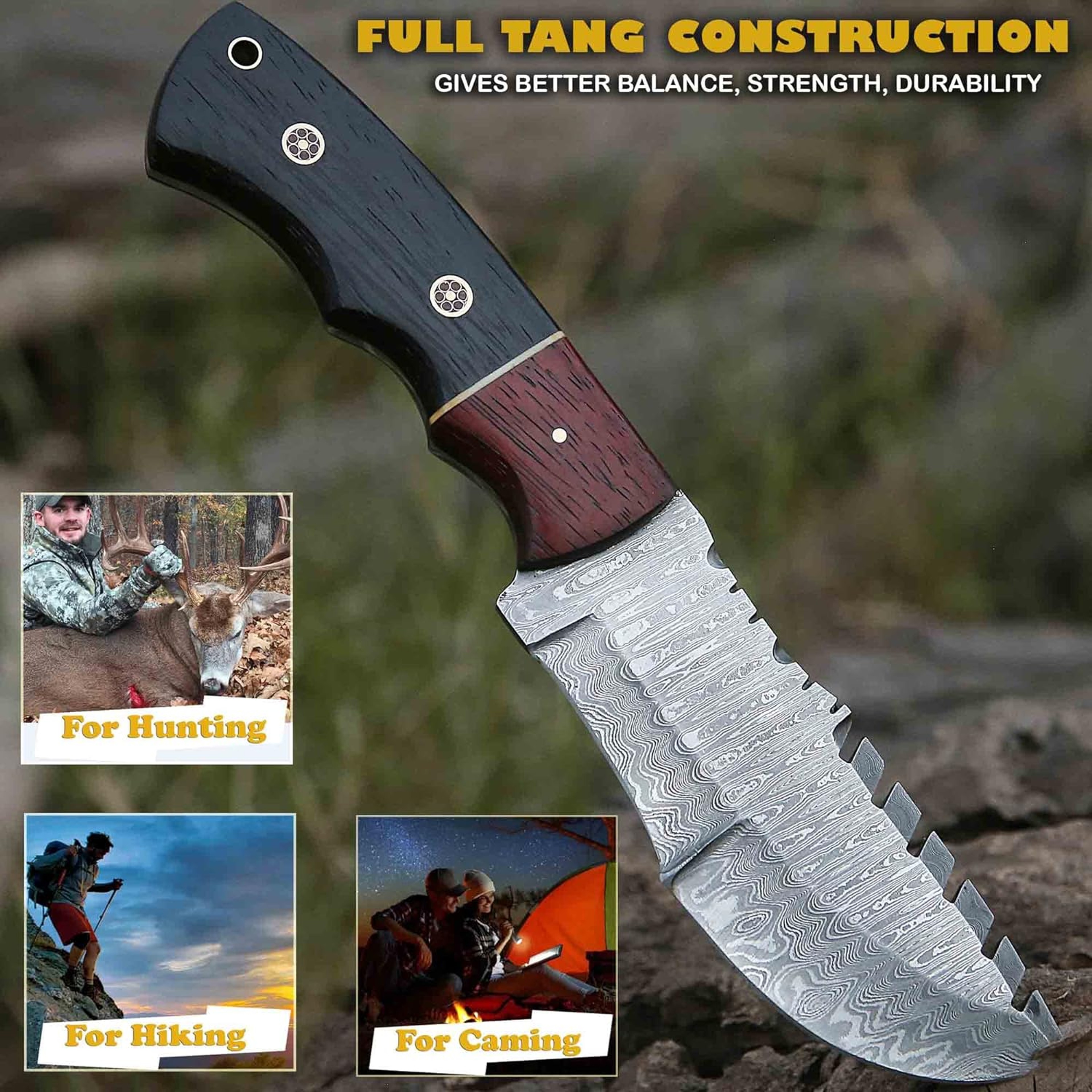 10 Inch Damascus Steel Hunting Tracker Knife with Horizontal Carry Sheath Fixed Blade Camping tactical full tang Knife – view 5