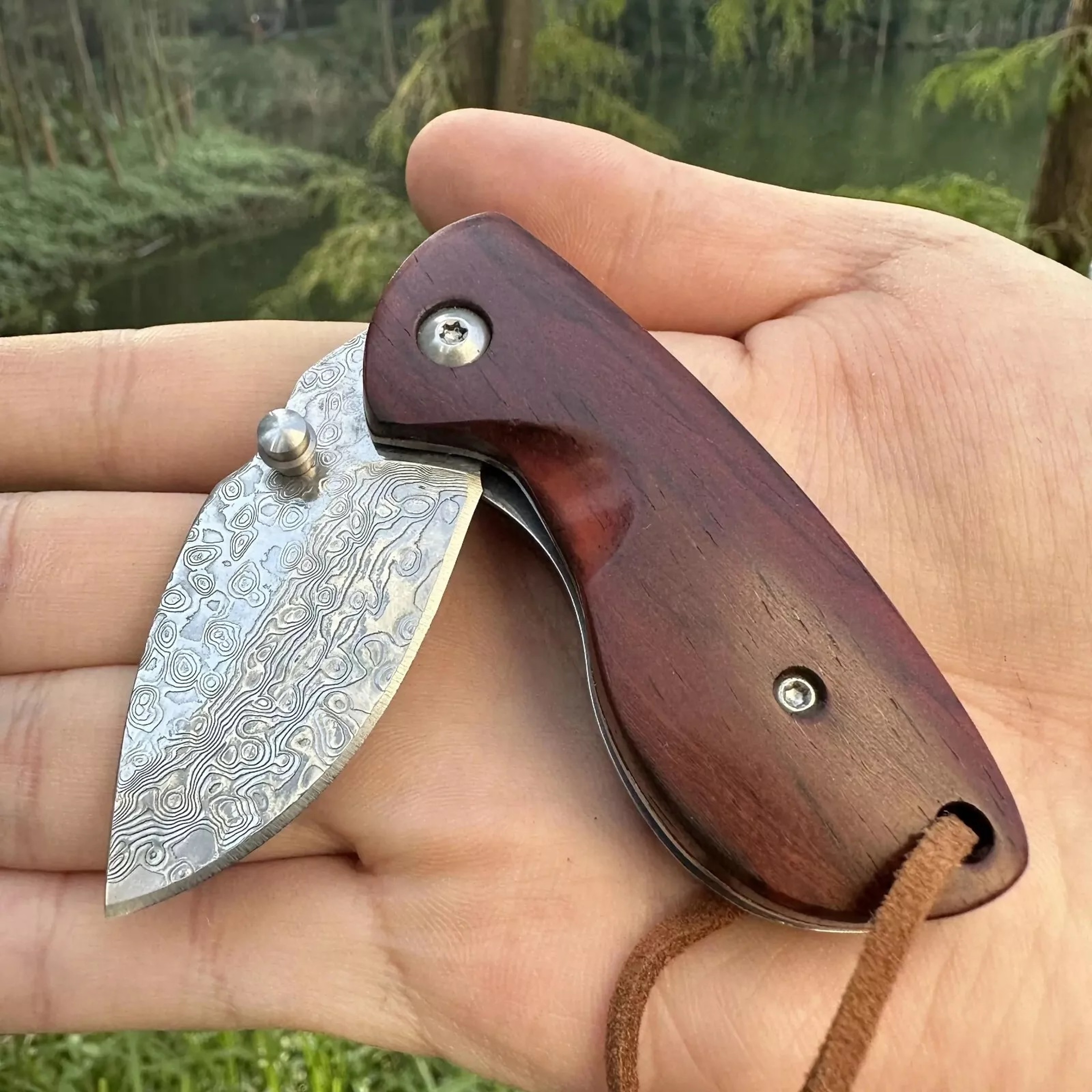 Mini Drop Point Folding Pocket Knife Hunting Survival Damascus Steel Rose Wood Outdoor Camping viking hiking – view 1