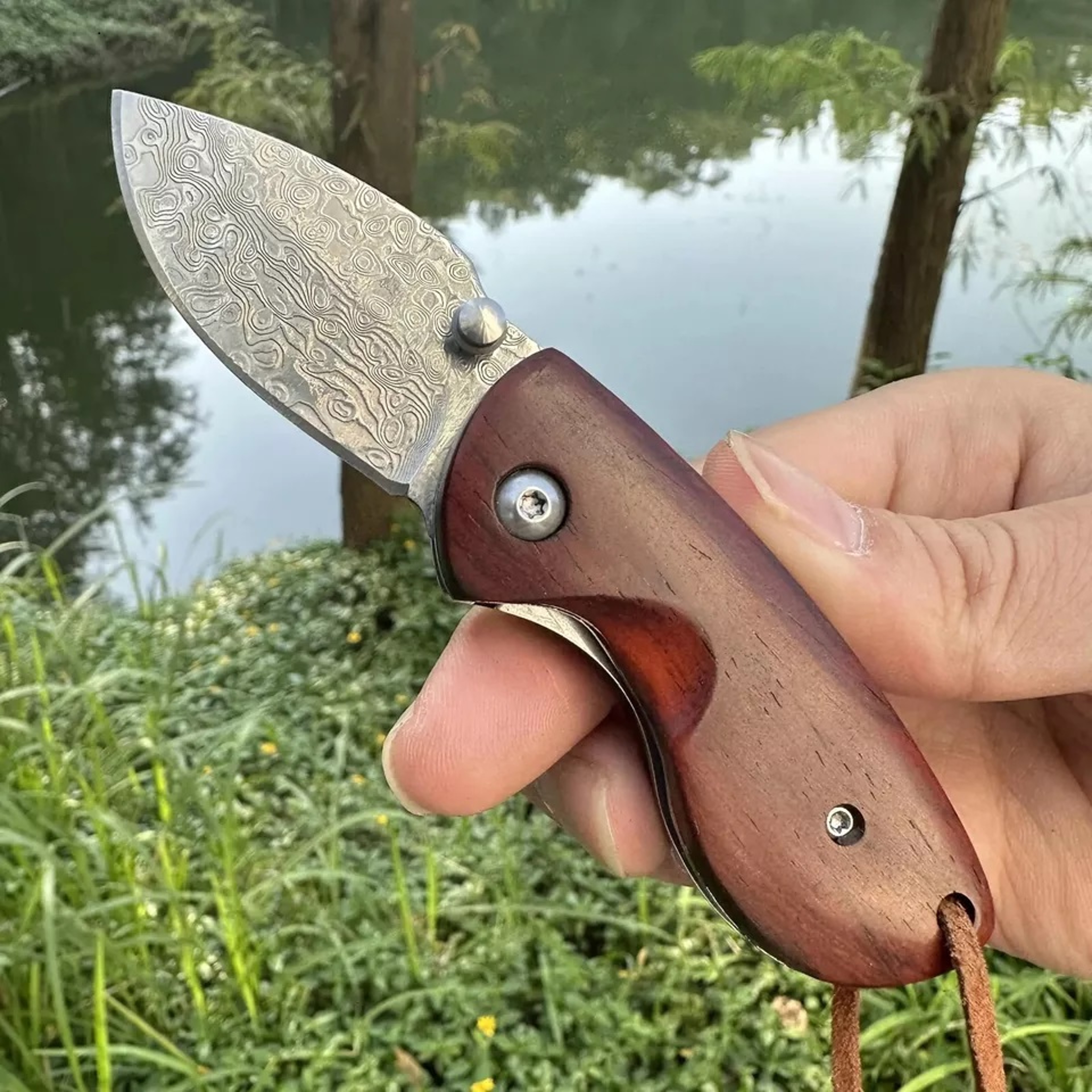 Mini Drop Point Folding Pocket Knife Hunting Survival Damascus Steel Rose Wood Outdoor Camping viking hiking – view 2
