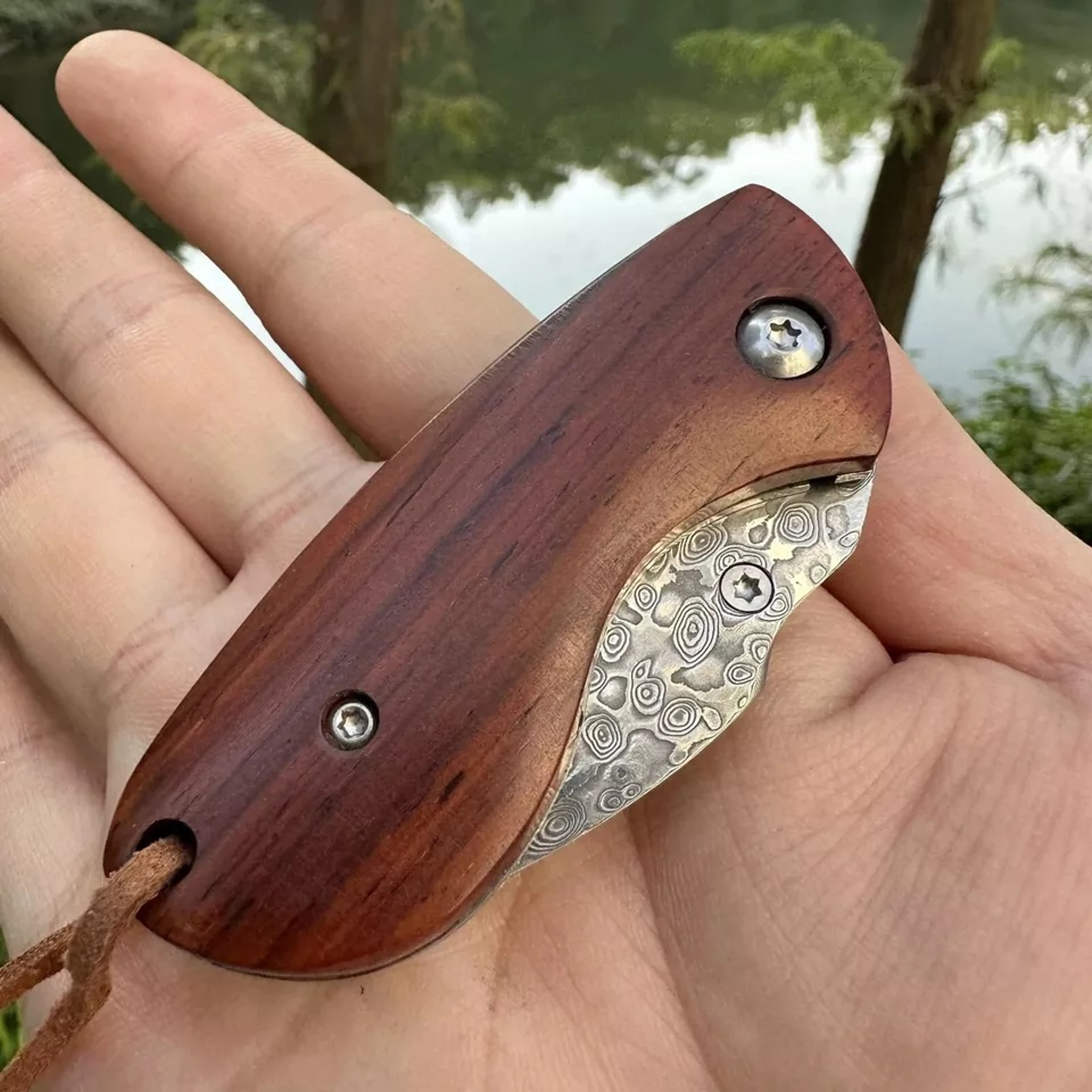 Mini Drop Point Folding Pocket Knife Hunting Survival Damascus Steel Rose Wood Outdoor Camping viking hiking – view 3