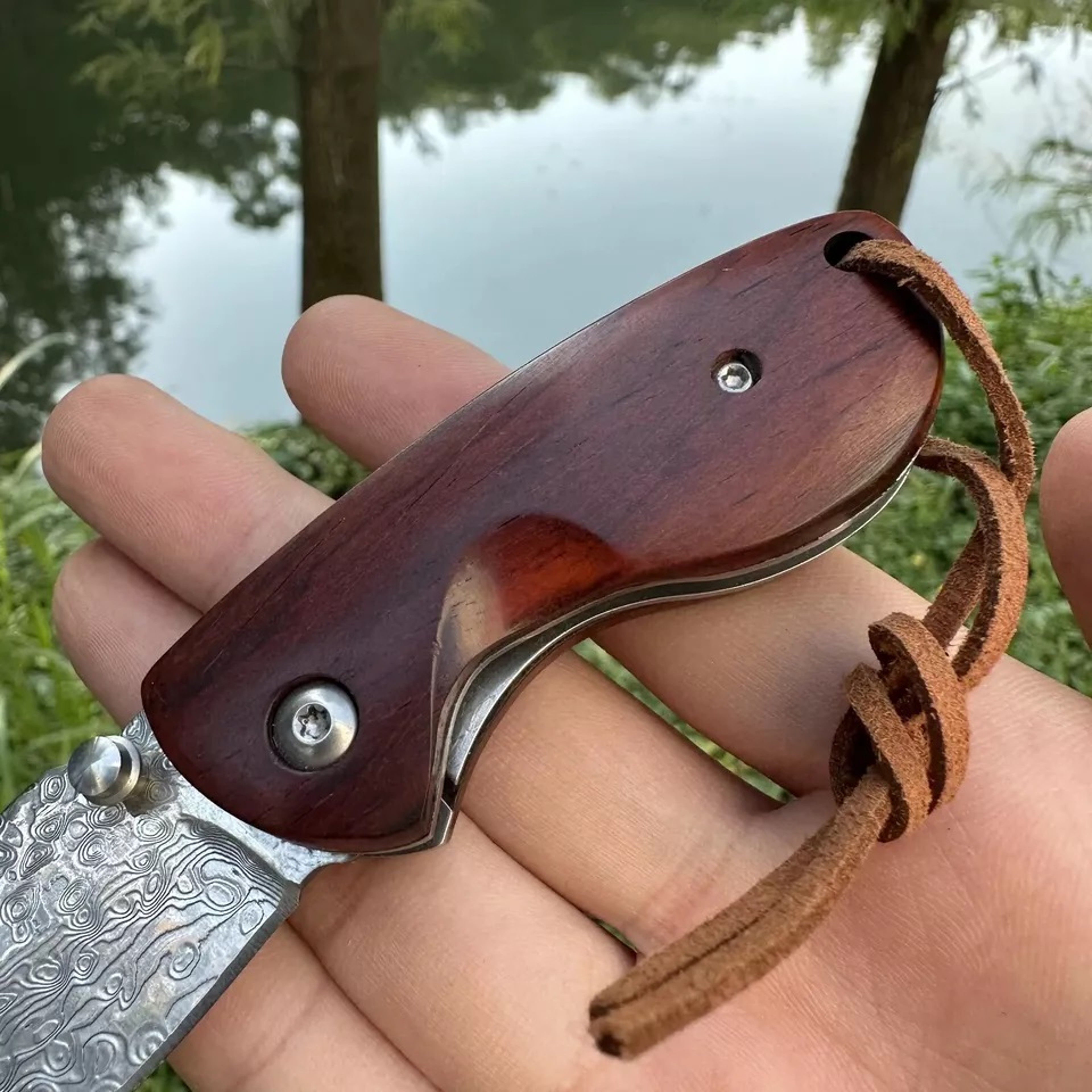 Mini Drop Point Folding Pocket Knife Hunting Survival Damascus Steel Rose Wood Outdoor Camping viking hiking – view 4