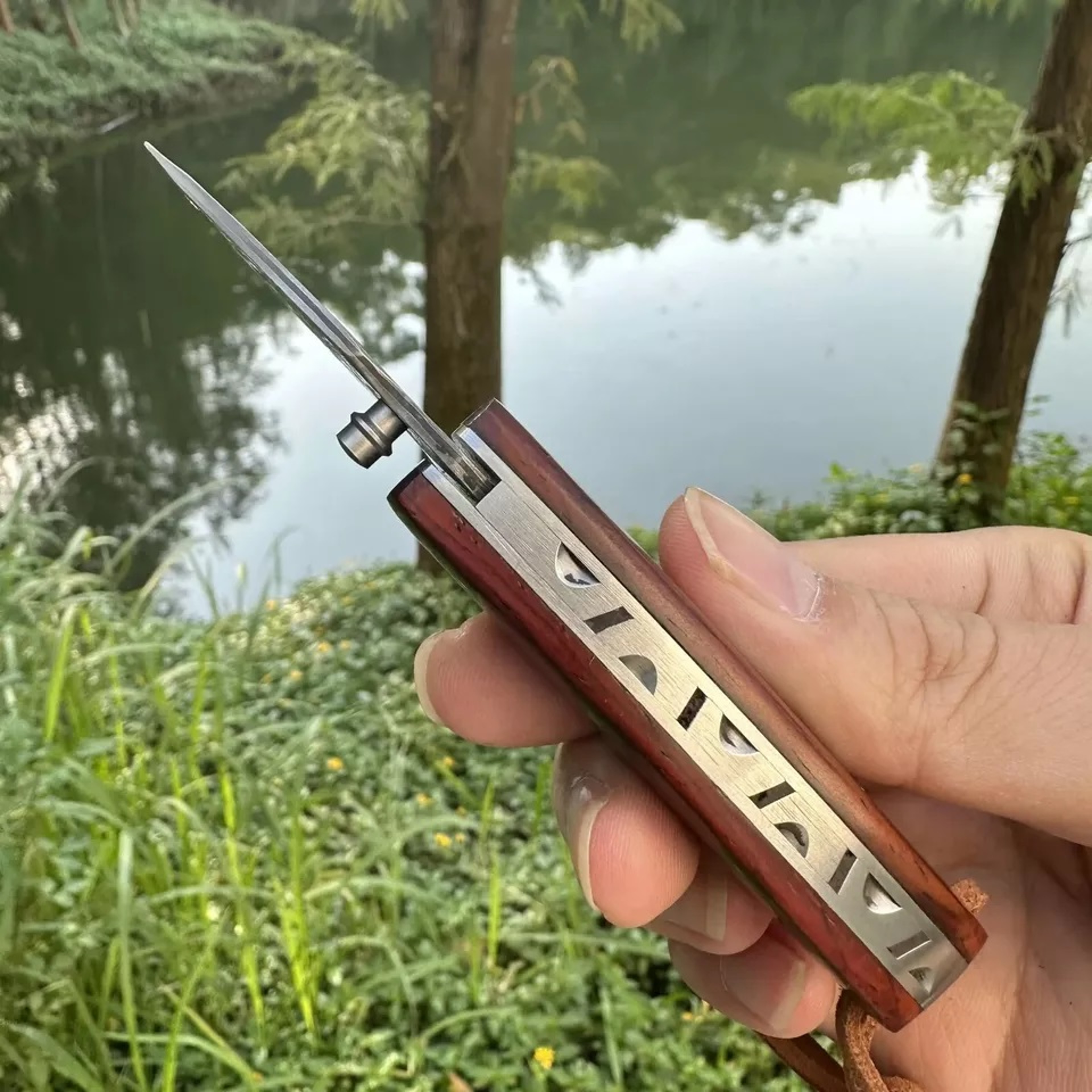 Mini Drop Point Folding Pocket Knife Hunting Survival Damascus Steel Rose Wood Outdoor Camping viking hiking – view 5