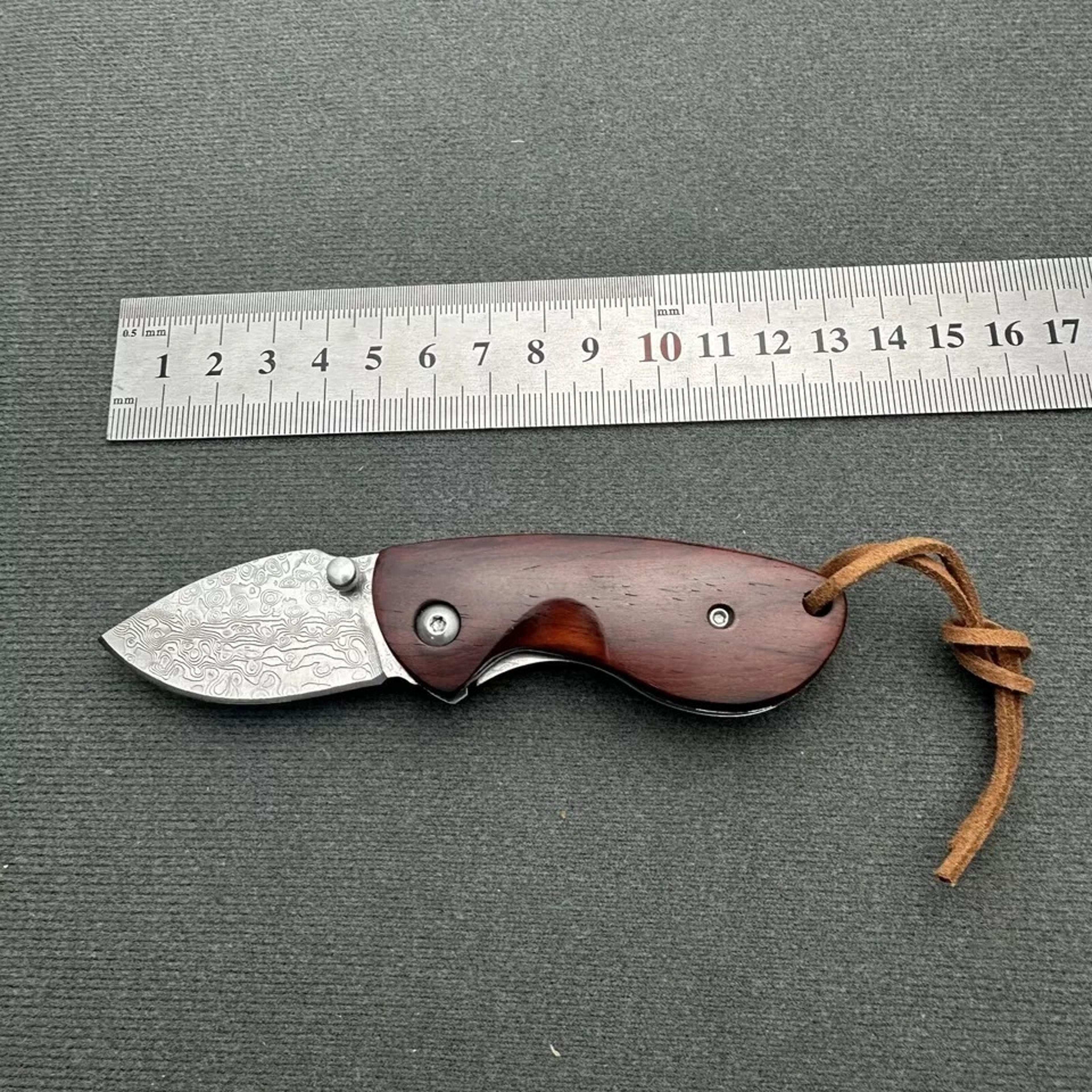 Mini Drop Point Folding Pocket Knife Hunting Survival Damascus Steel Rose Wood Outdoor Camping viking hiking – view 6