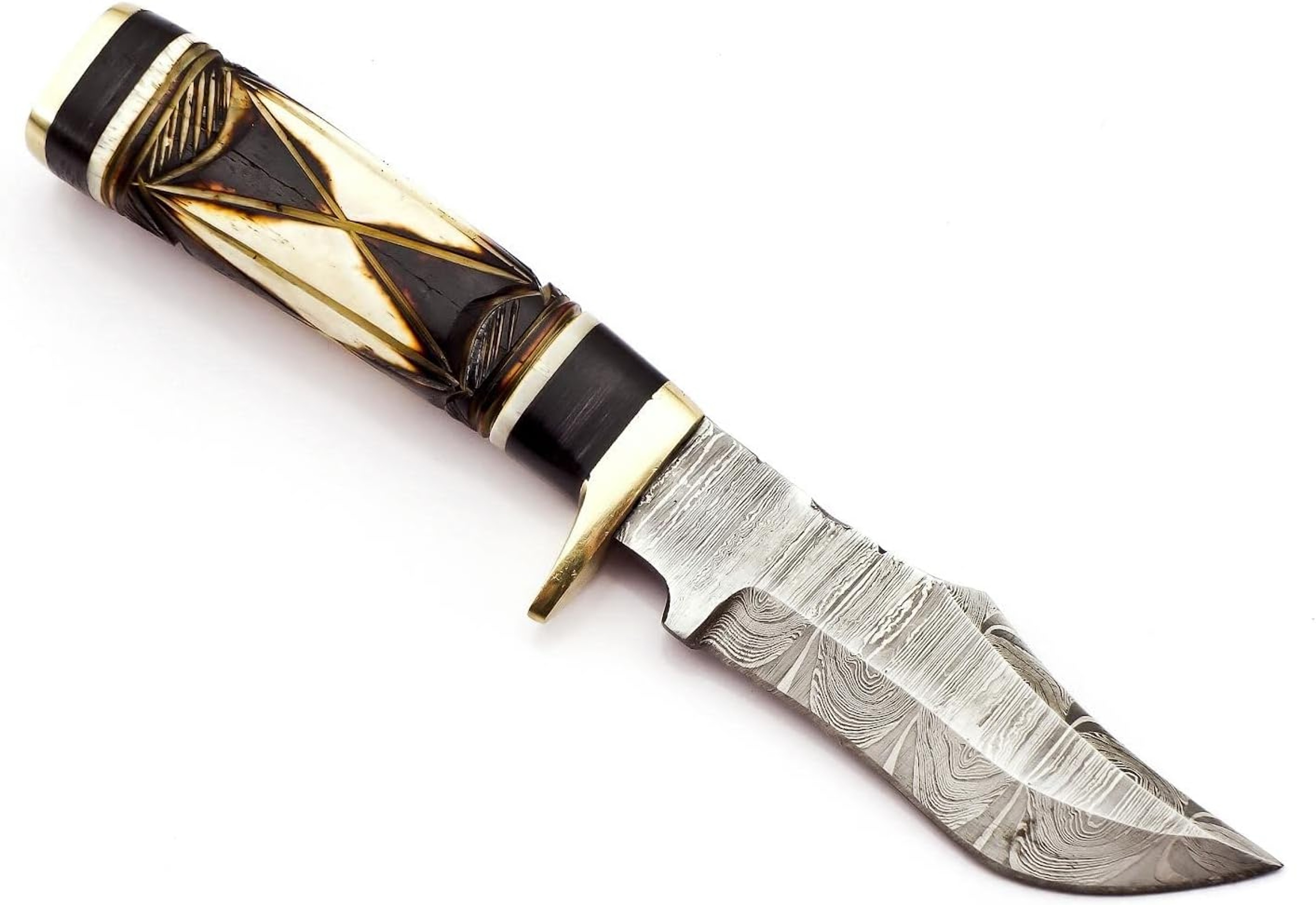 8 Inche Handmade Fixed Blade Damascus Steel Knife Hunting EDC Survival Skinning and Camping Knife camel bone – view 3