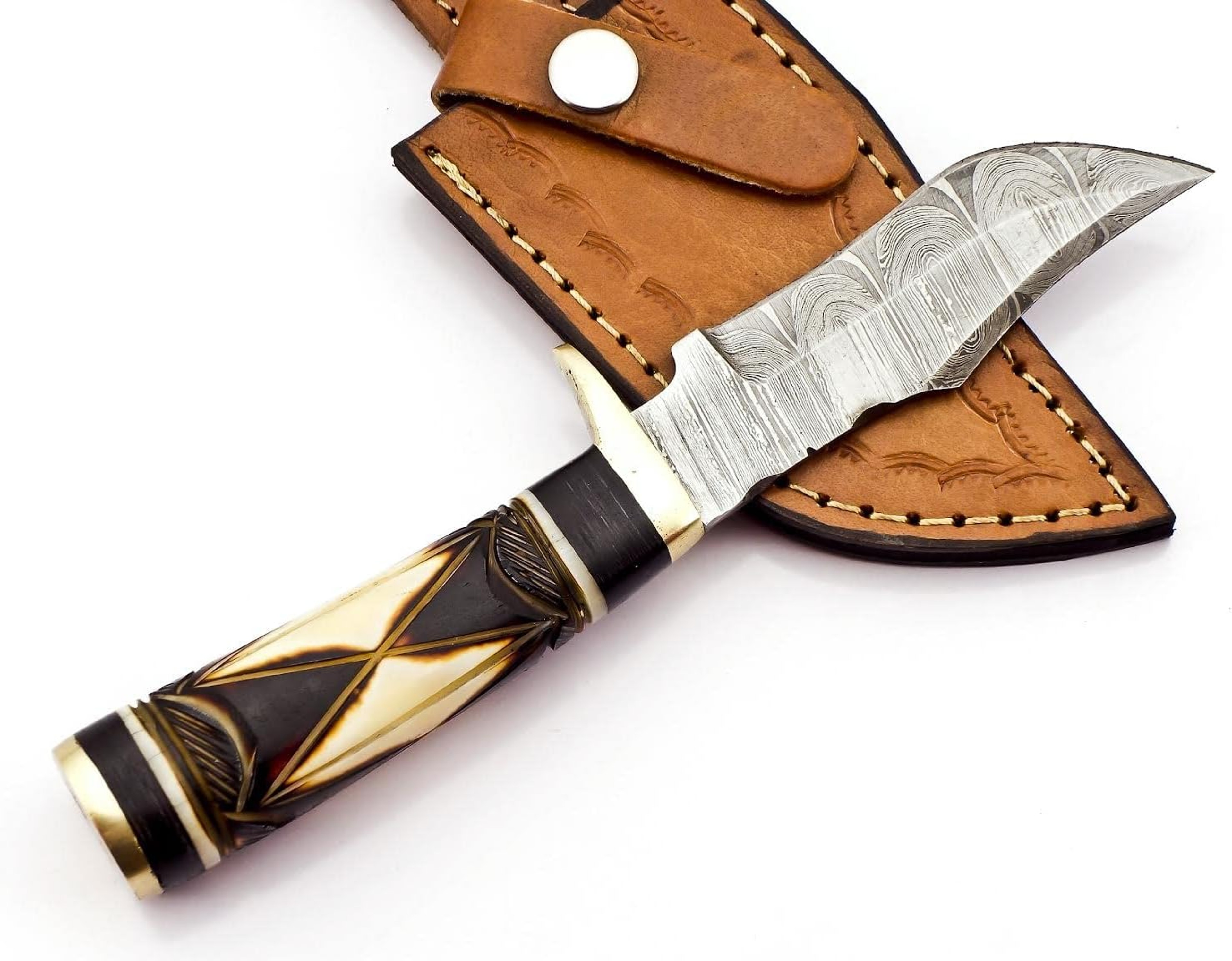 8 Inche Handmade Fixed Blade Damascus Steel Knife Hunting EDC Survival Skinning and Camping Knife camel bone – view 4