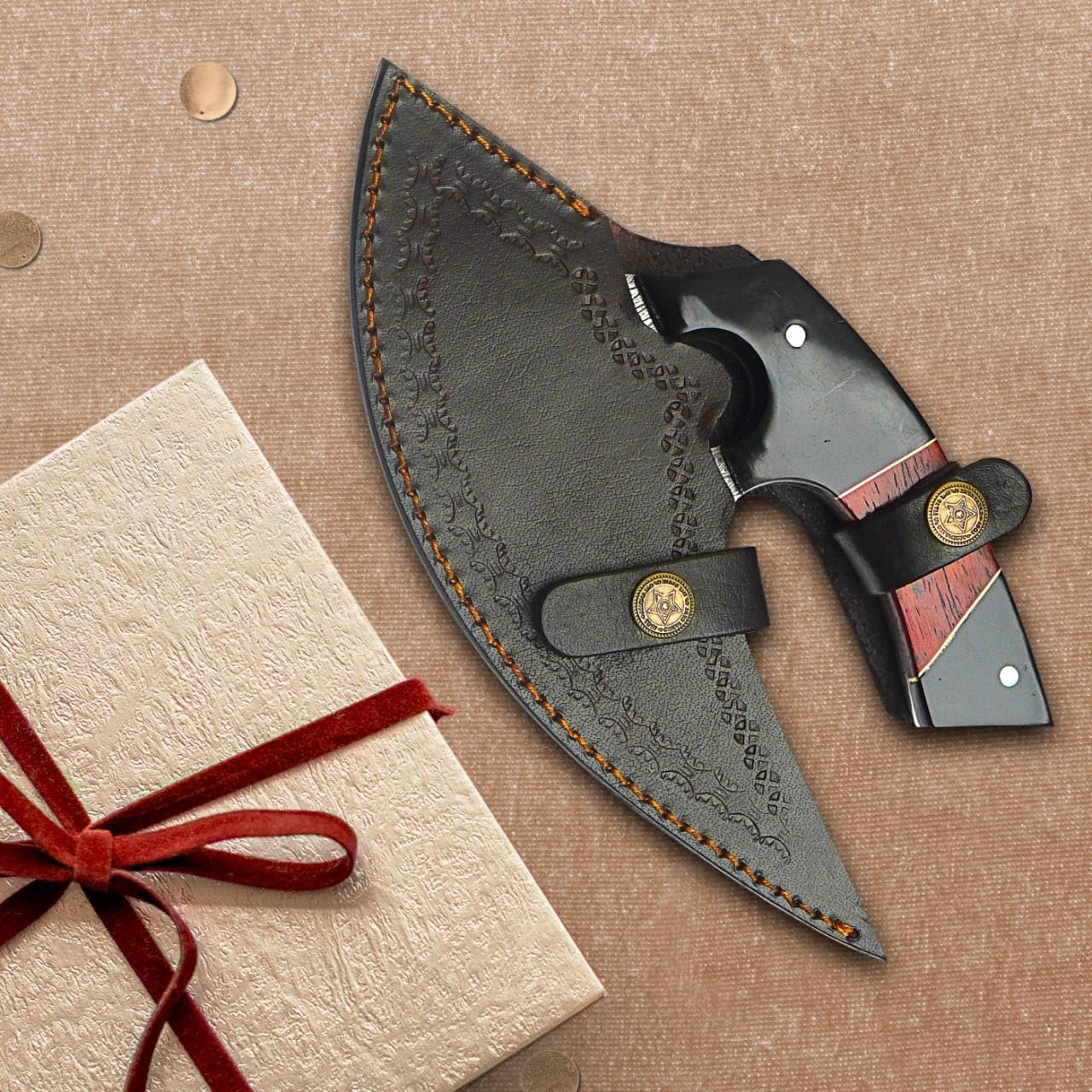 7 Inches Damascus ULU Knife with Leather Sheath Handmade Pizza Cutter with Non-Slip Handle Alaskan Ulu Slicing – view 4