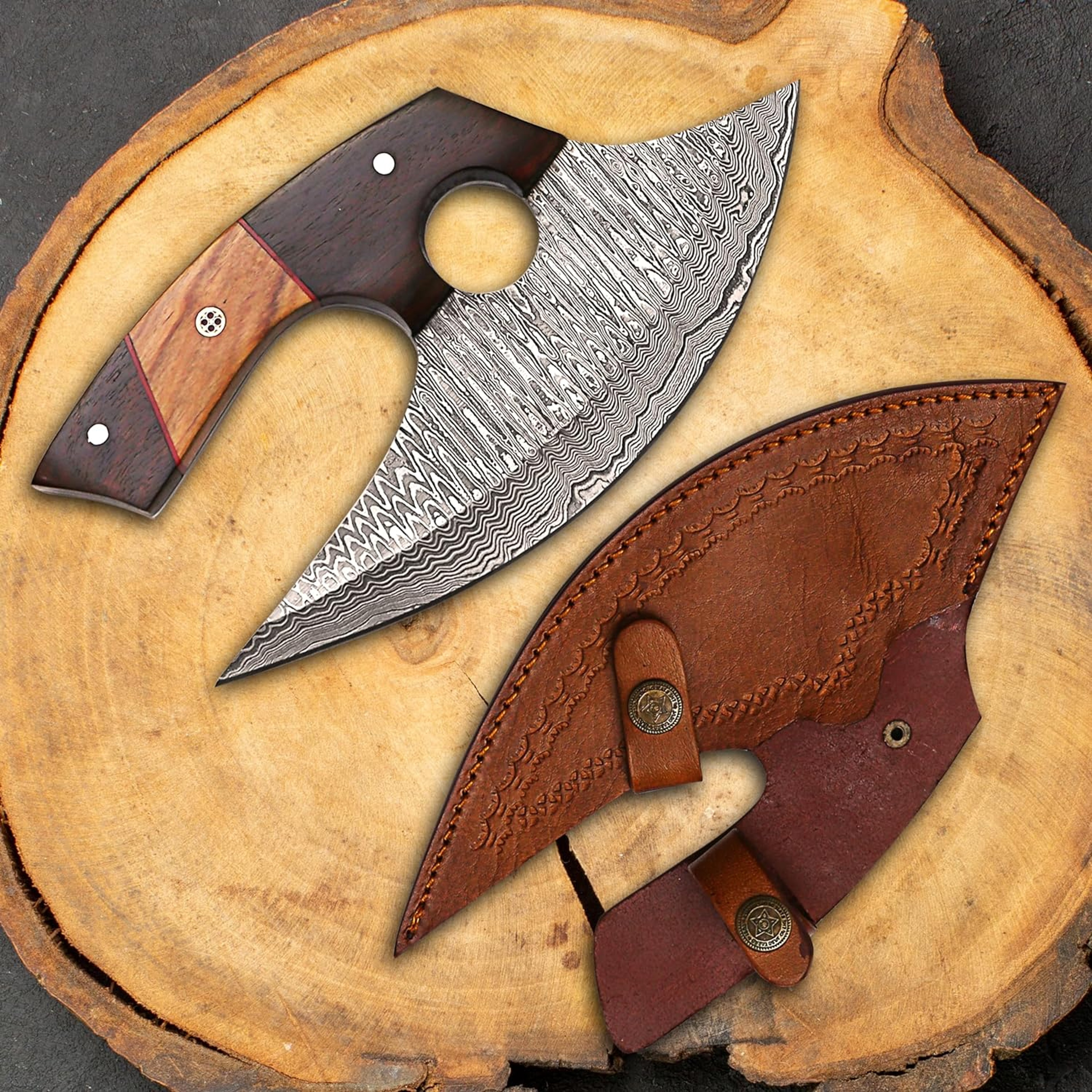 7 Inches Damascus ULU Knife with Leather Sheath Handmade Pizza Cutter with Non-Slip Handle Alaskan Ulu mincing – view 6