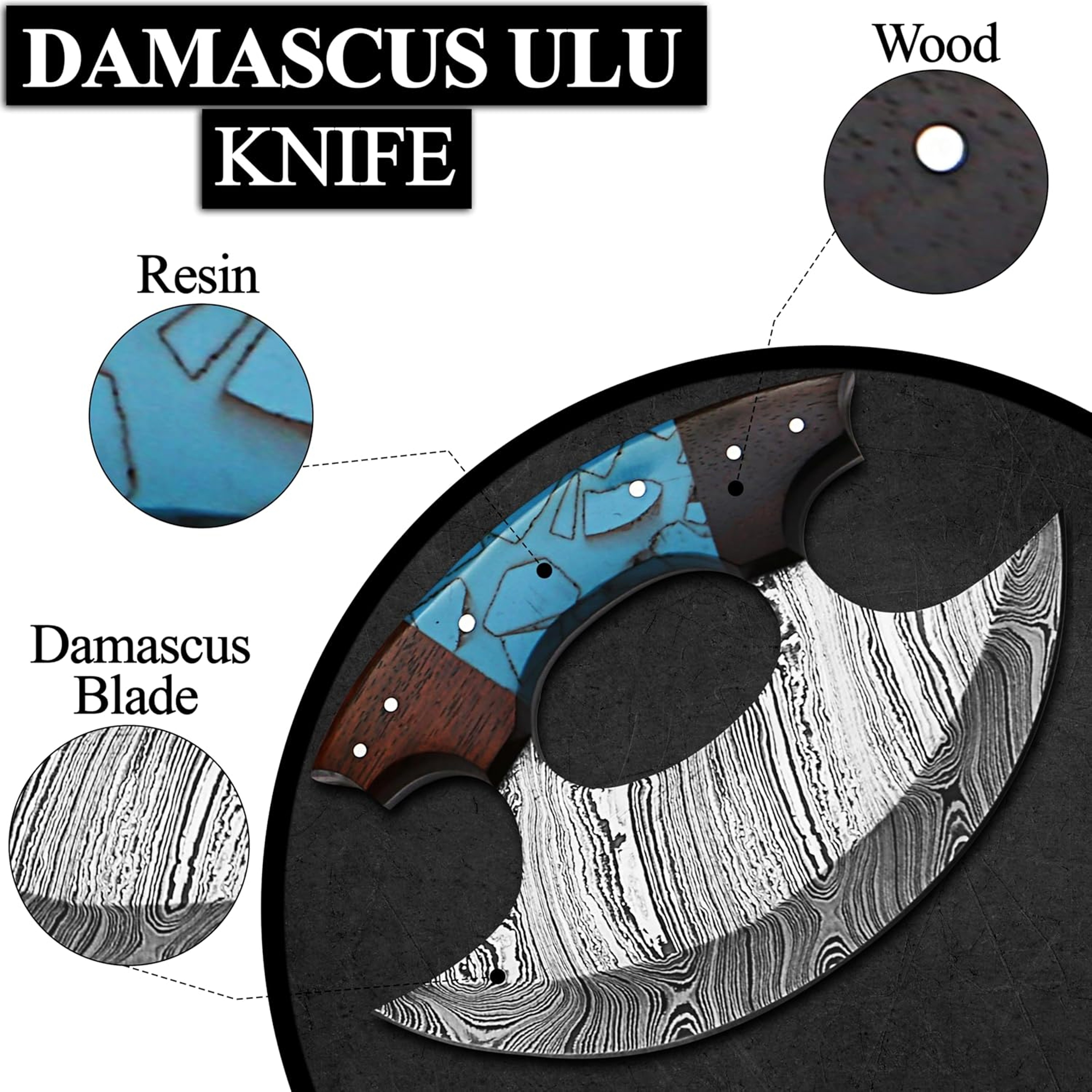 5 Inches Damascus ULU Knife with Leather Sheath Handmade Pizza Cutter with Non-Slip Handle Alaskan Ulu Rocker – view 2