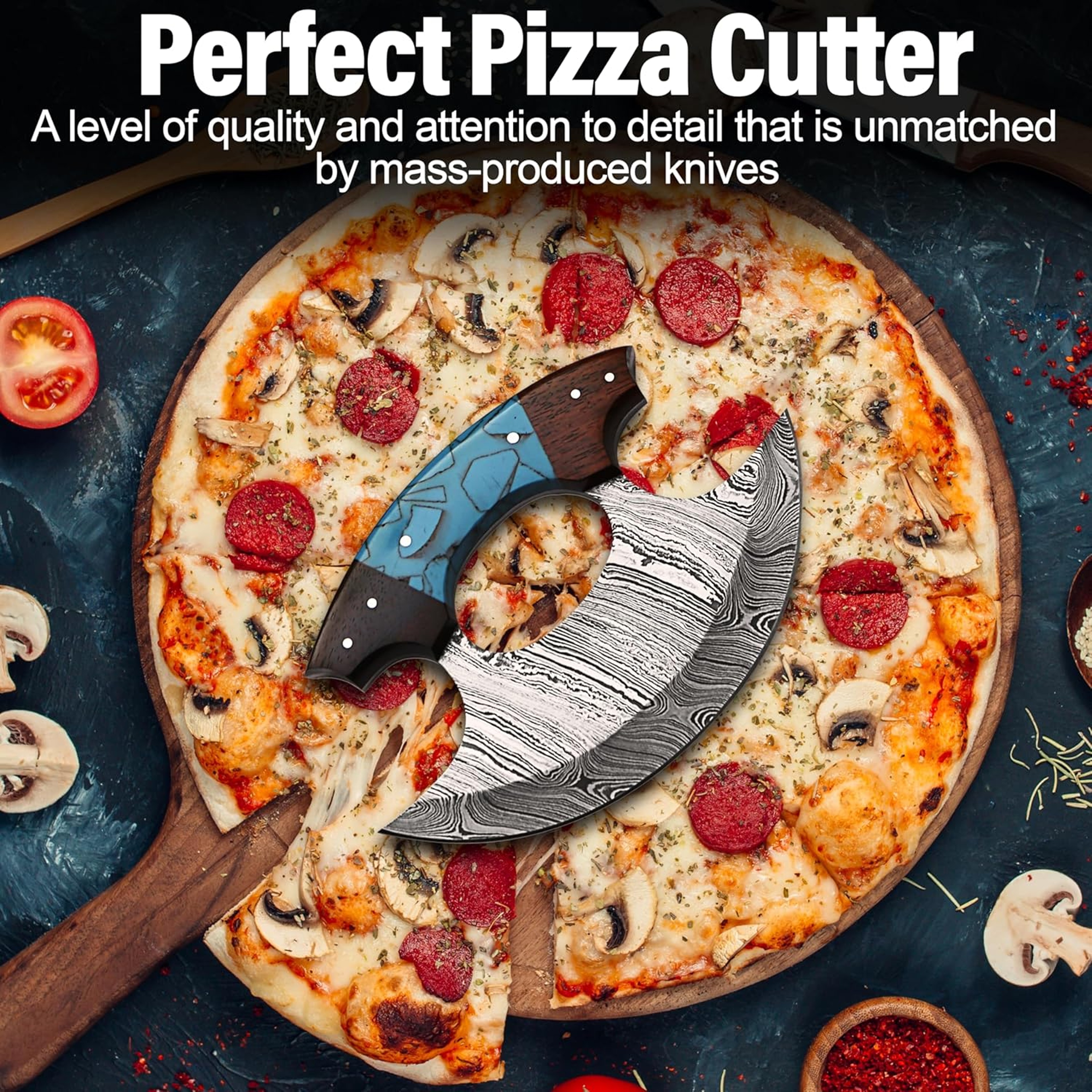 5 Inches Damascus ULU Knife with Leather Sheath Handmade Pizza Cutter with Non-Slip Handle Alaskan Ulu Rocker – view 4